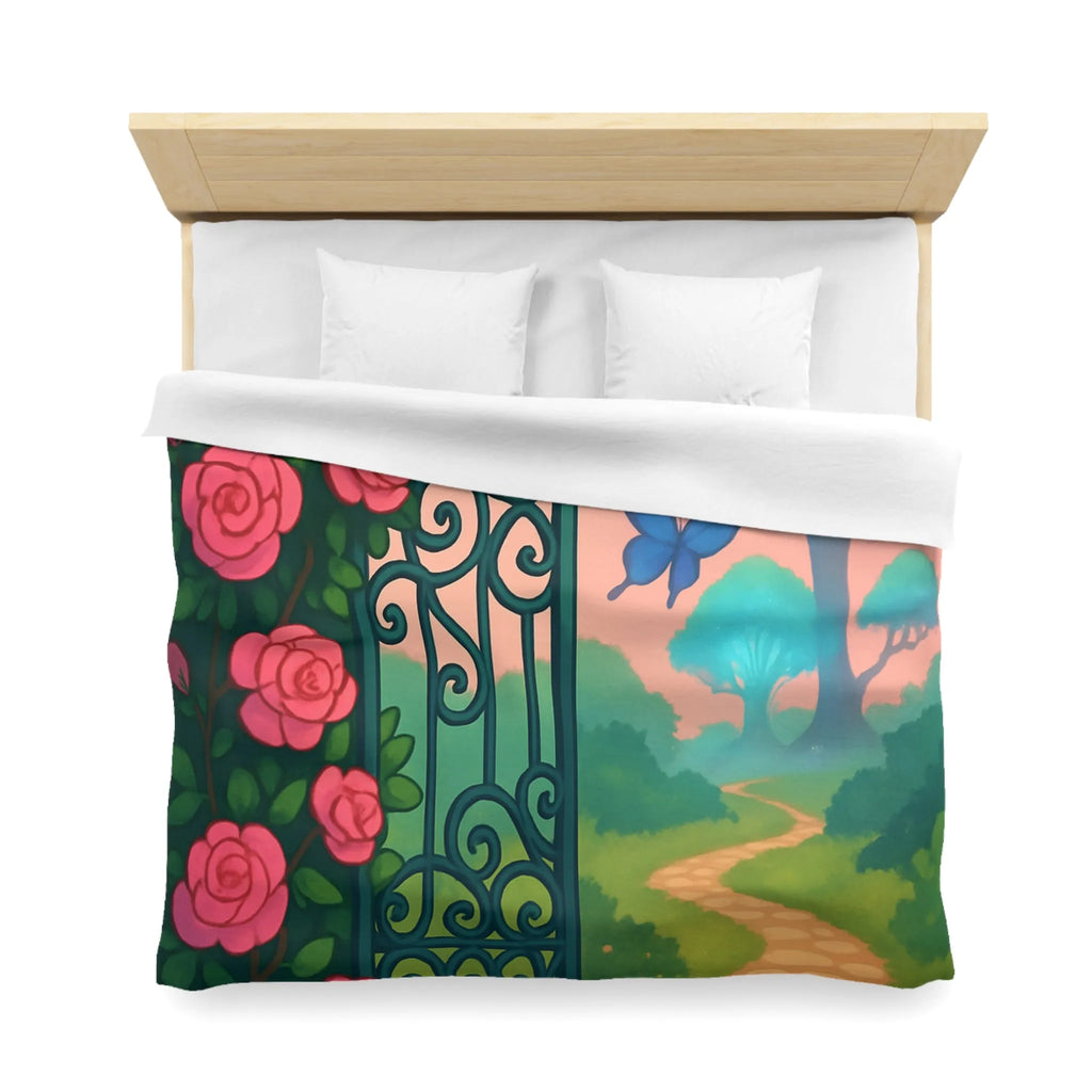 Belle housse de couette féerique avec portail fleuri et papillons colorés, jardins enchanteurs