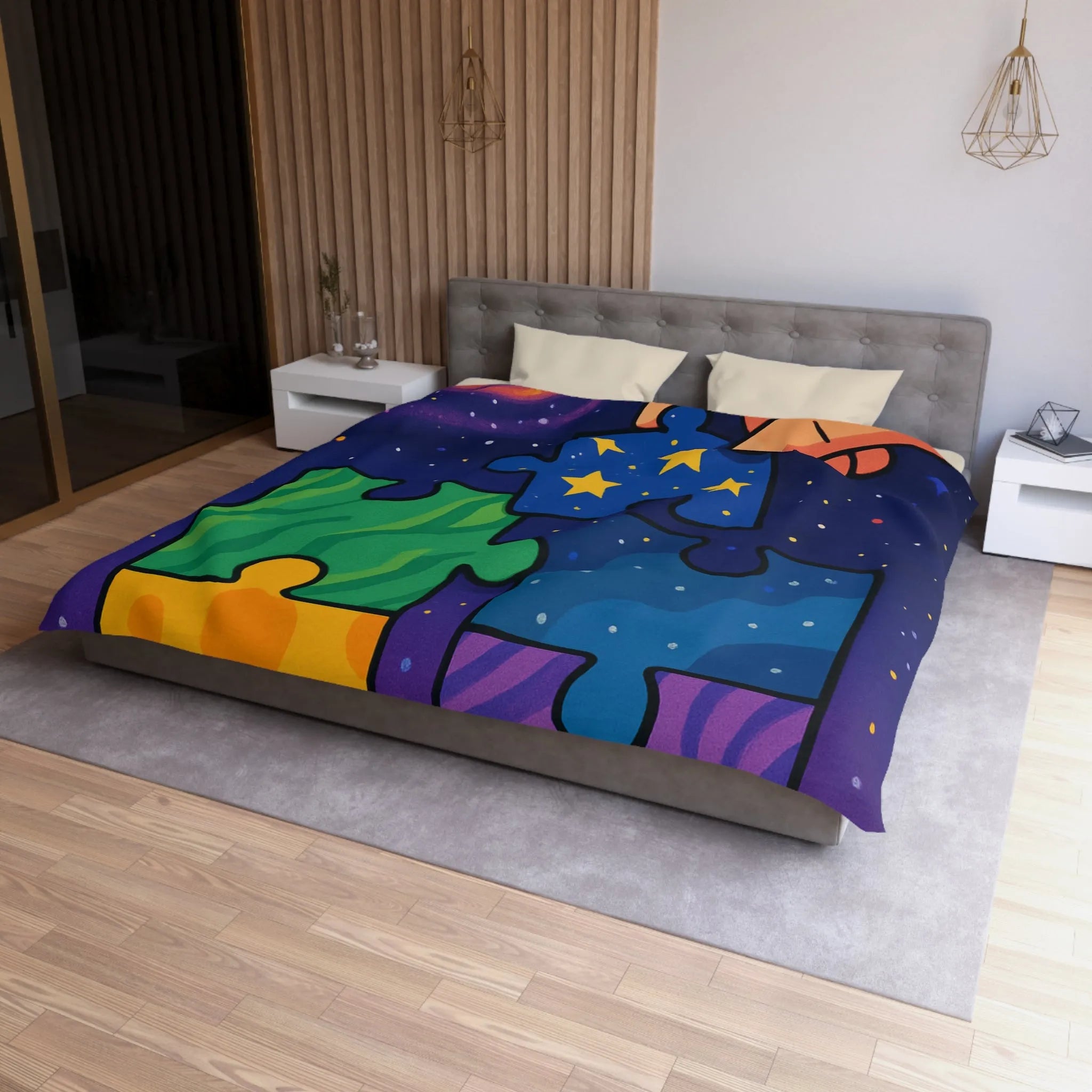 Housse de couette colorée avec motifs puzzle vibrants et design cosmique étoilé