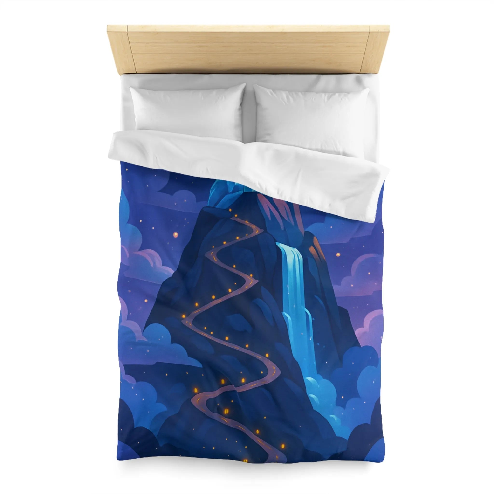 Housse de couette avec château glacé sur montagne illuminée sous ciel étoilé féerique