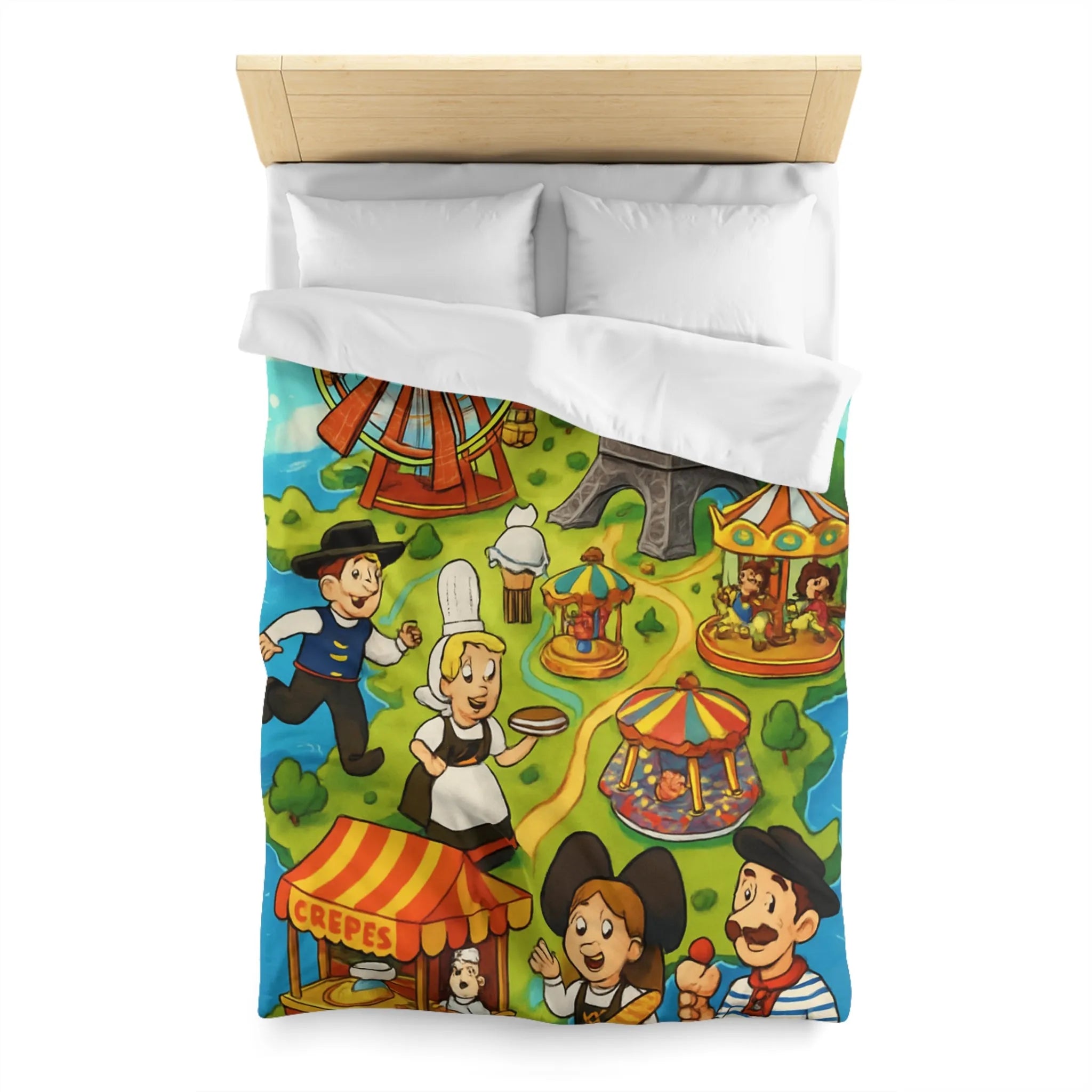 Housse de couette illustrant l'amusement et la culture française dans un parc coloré