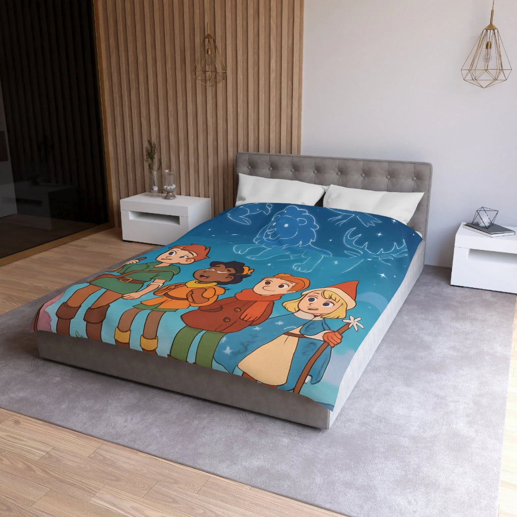 Housse de couette colorée avec enfants aventuriers et constellations nuit étoilée