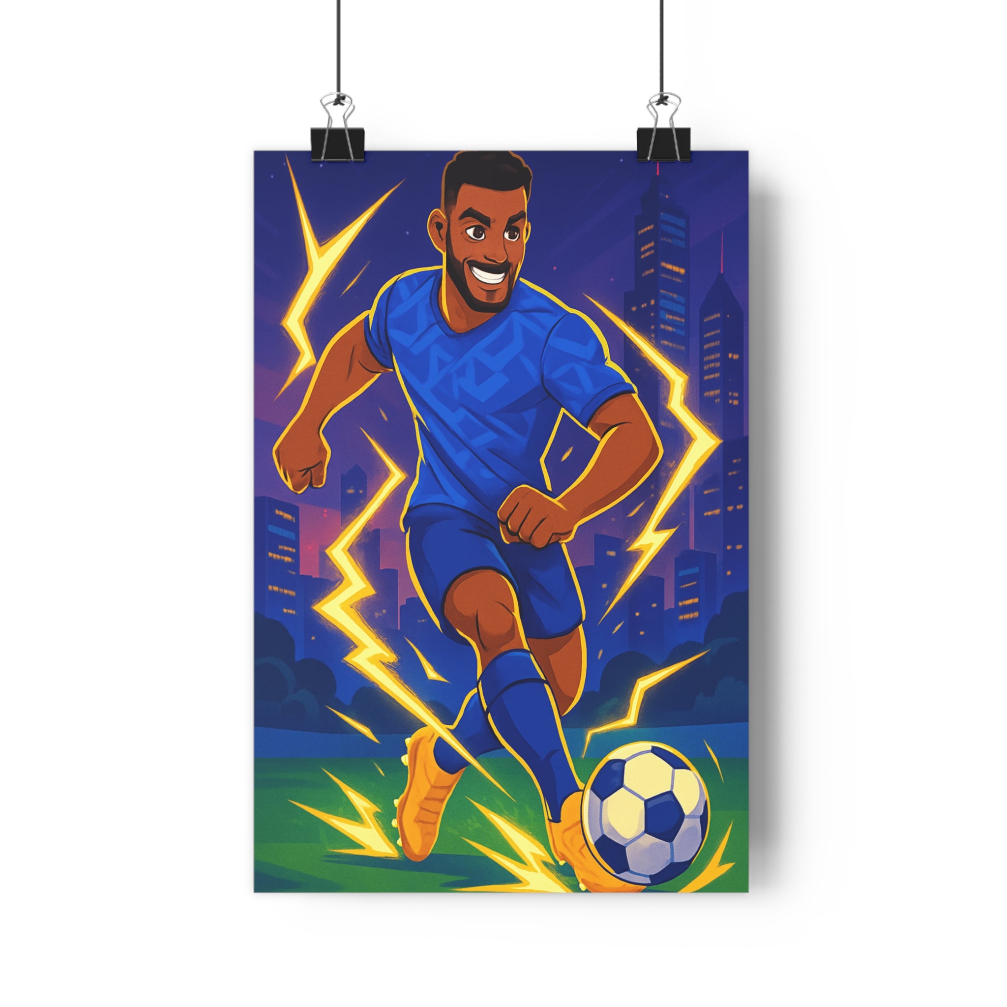 Poster décoratif moderne anime bleu jaune énergique chambre enfant sport dynamique 30x46 cm football