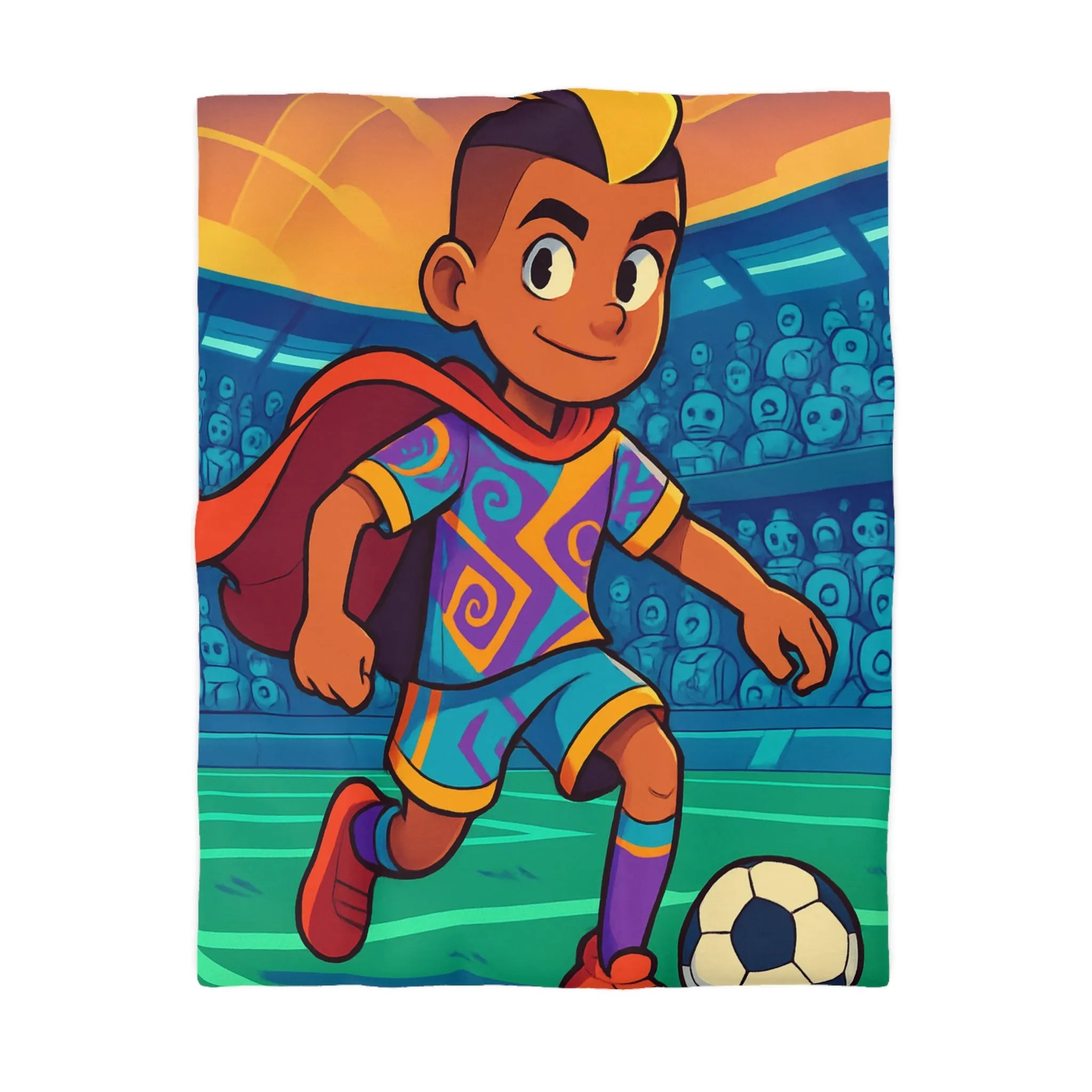 Housse de couette enfantine colorée avec personnage joueur de football en action dynamique