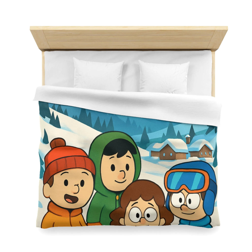 Housse de couette avec enfants joyeux et montagnes enneigées pour chambre d'enfant