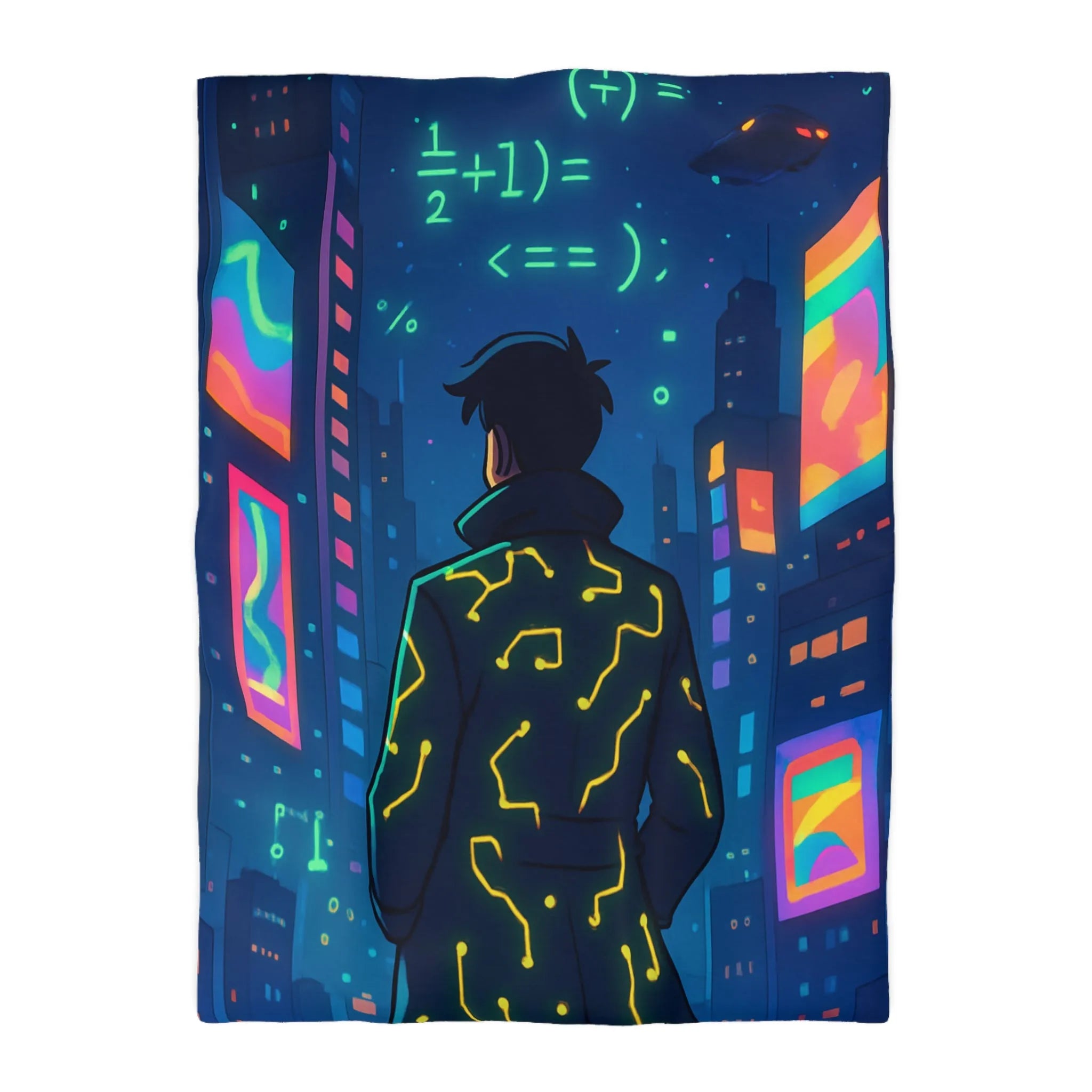 Housse de couette futuriste avec affichage numérique néon dans une ville cyberpunk