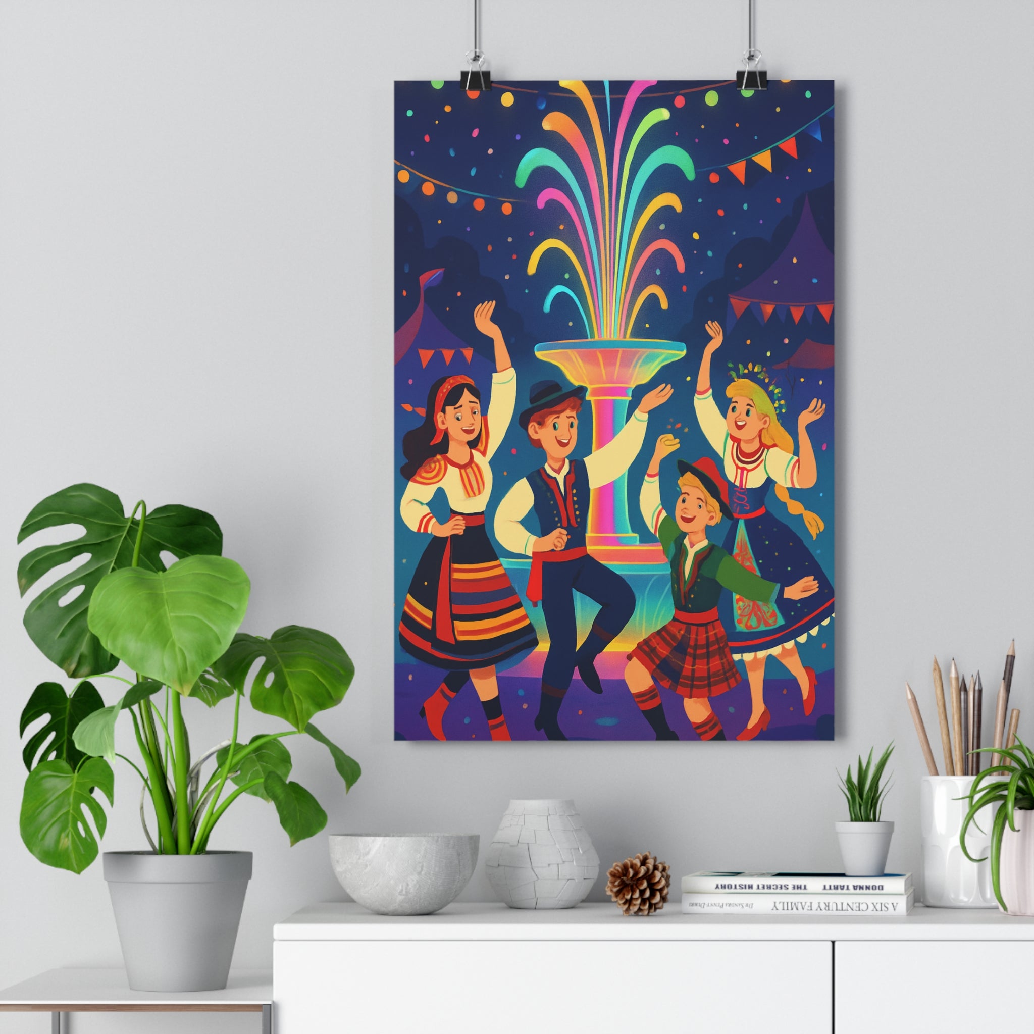 Poster décoratif ambiance festive joyeux coloré traditionnel costumes guirlandes lumineux salon chambre éclatant design