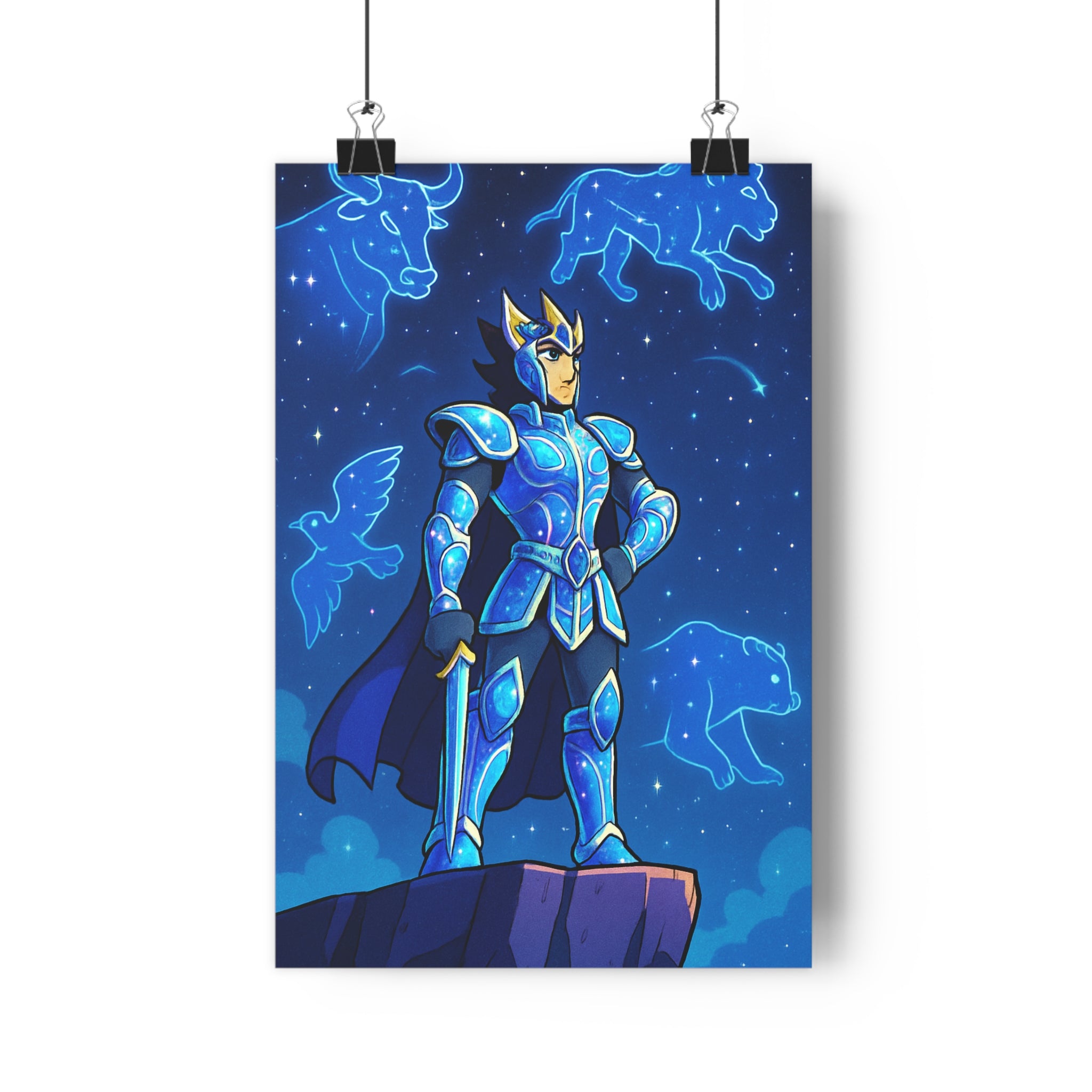 Poster décoratif mythologique bleu mystique guerrier céleste constellation salon chambre onirique 30x46 élégant qualité