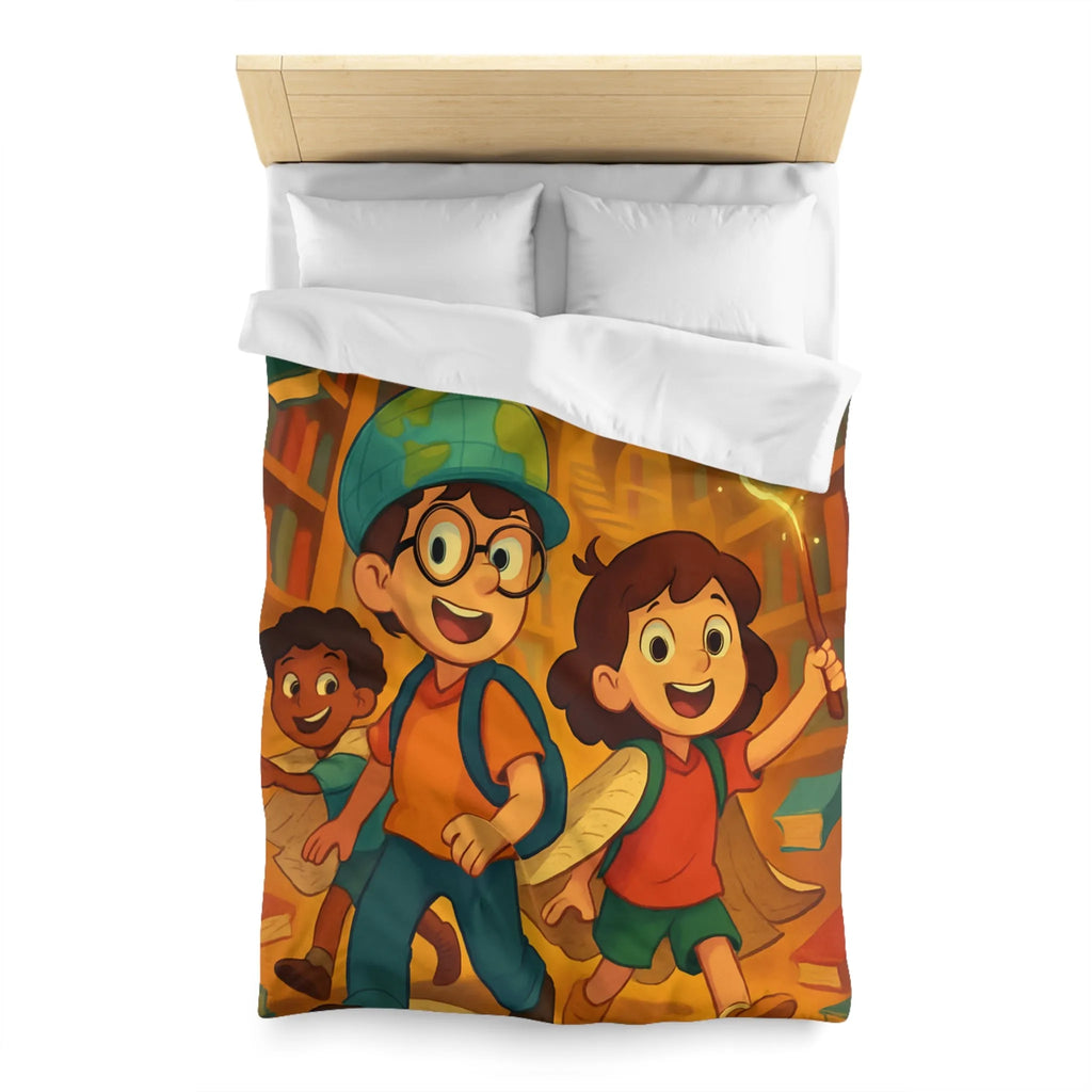 Housse de couette magique avec enfants explorant une bibliothèque enchantée et livres volants