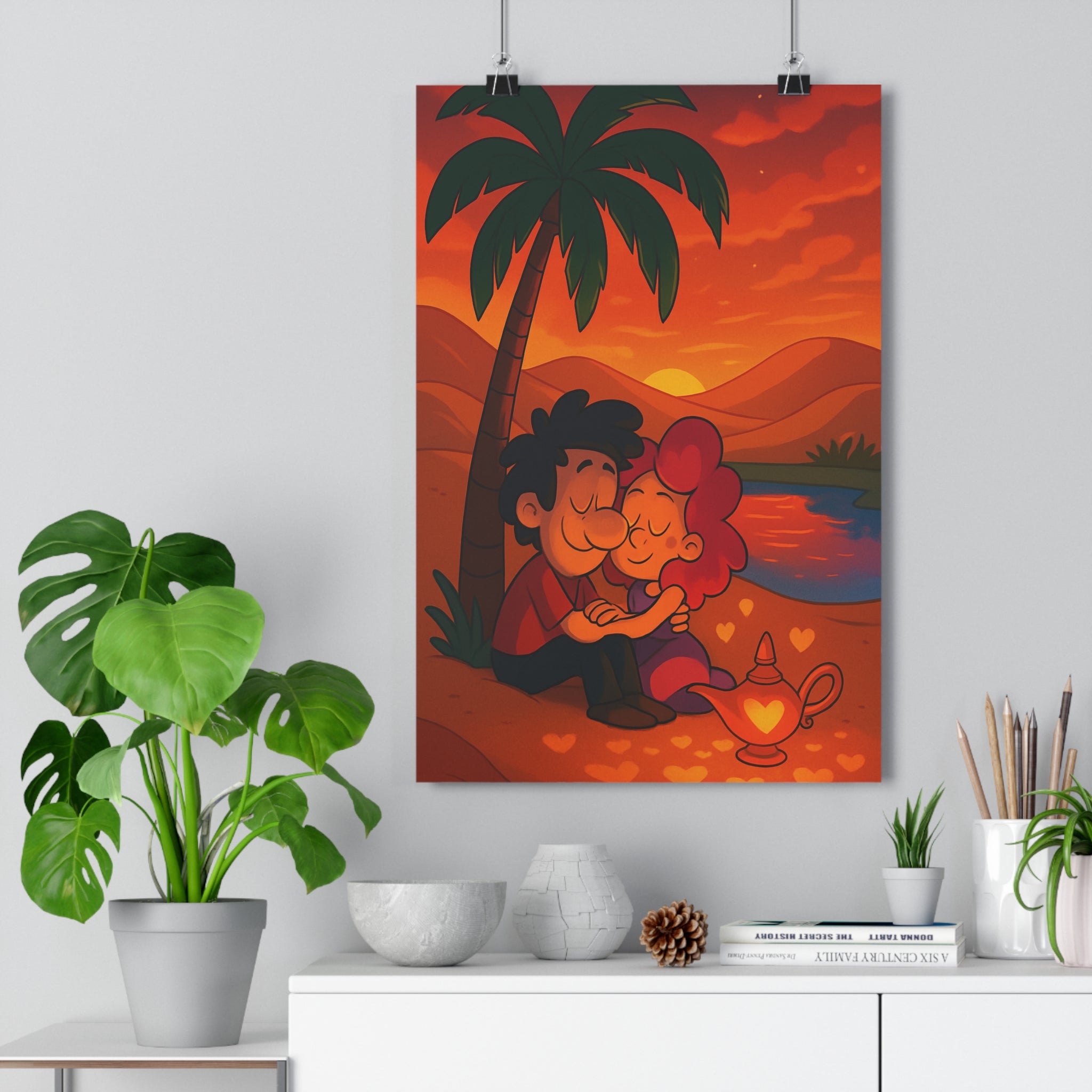 Poster décoratif romantique coucher soleil orange cartoon chambre salon chaleureux lumineux paysage magique qualité