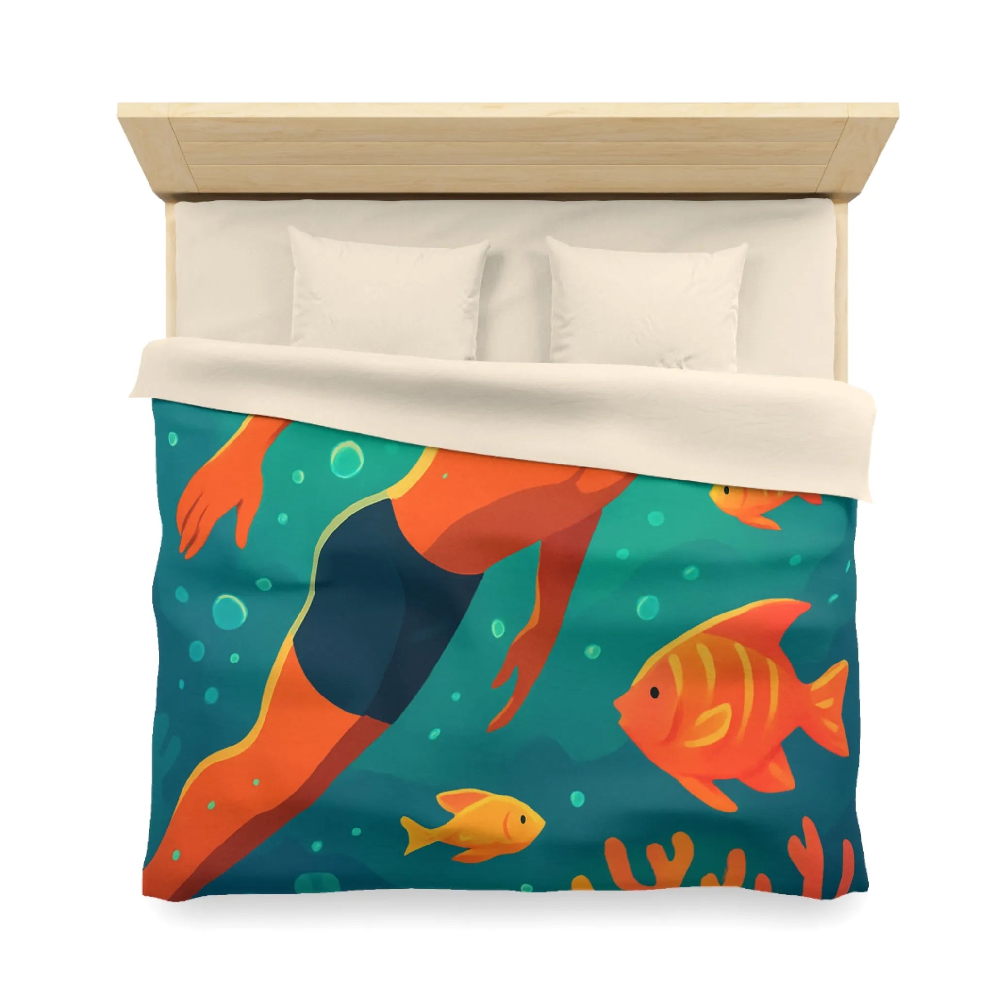 Housse de couette avec motif nageur et poissons tropicaux vifs pour chambre apaisante