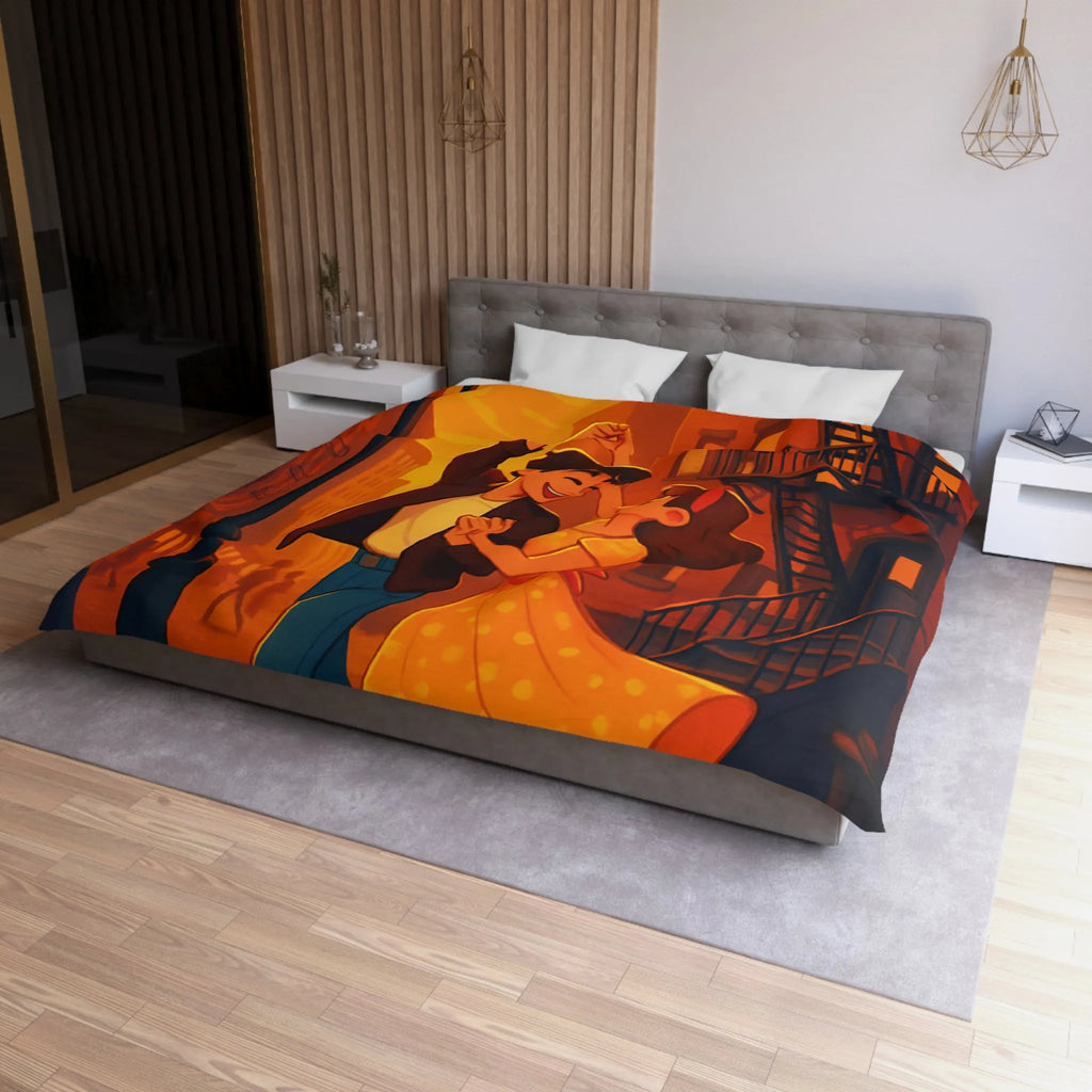 Danse romantique rétro sous réverbère vintage, ambiance urbaine crépusculaire charmante et nostalgique