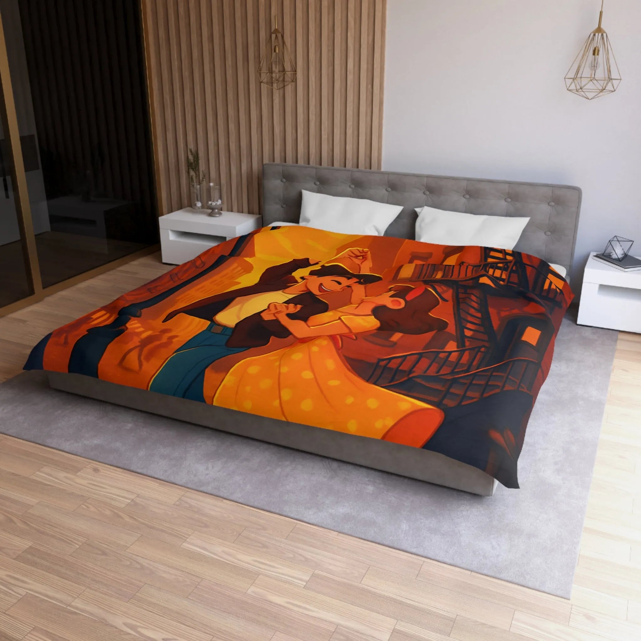 Danse romantique rétro sous réverbère vintage, ambiance urbaine crépusculaire charmante et nostalgique