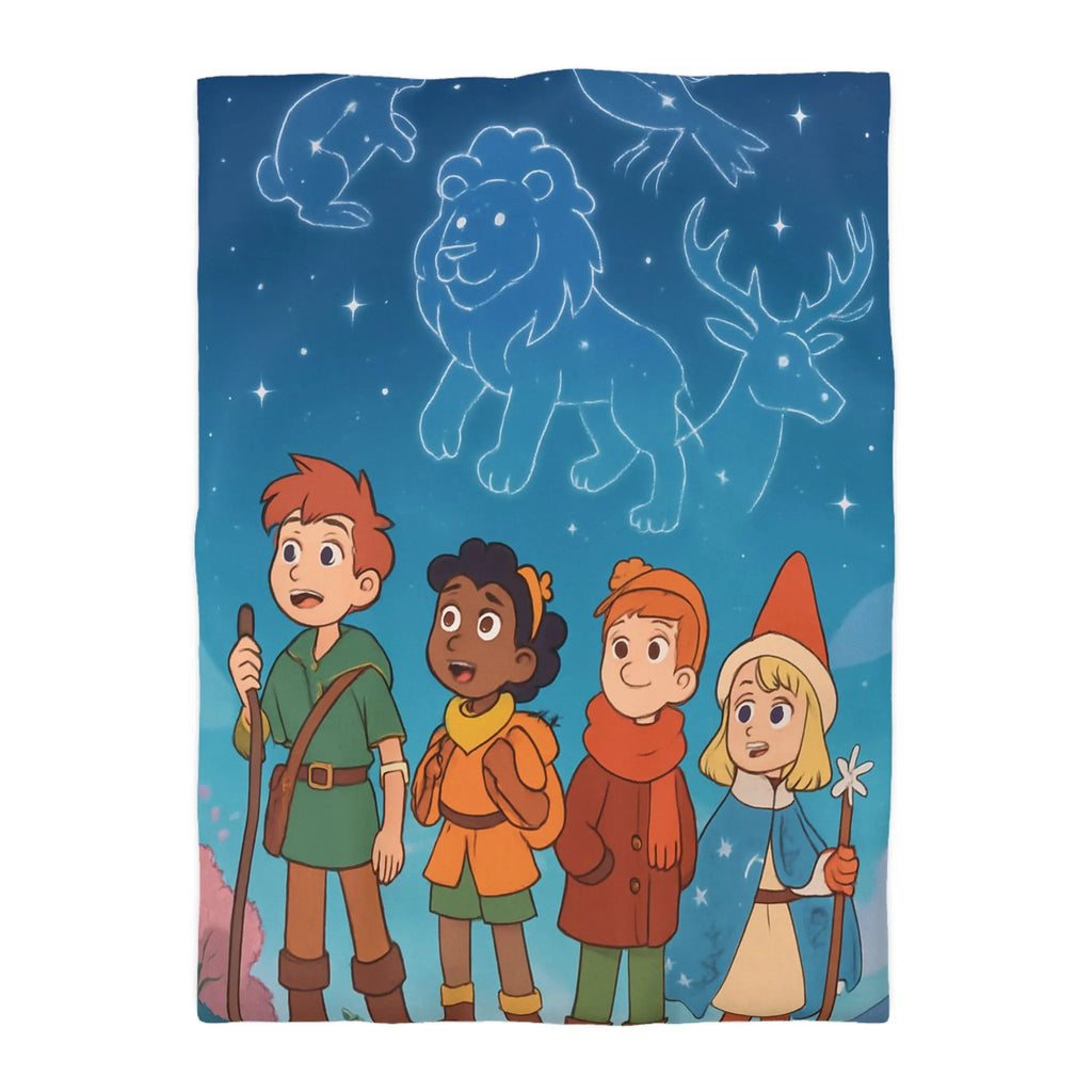 Housse de couette colorée avec enfants aventuriers et constellations nuit étoilée