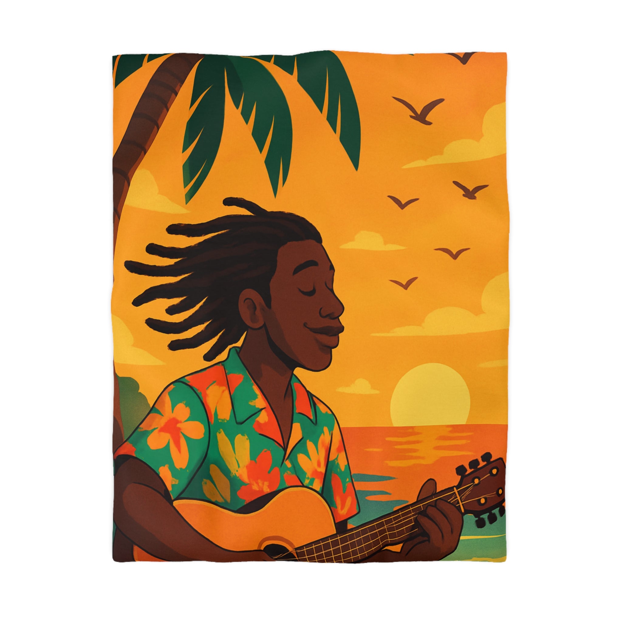 Housse de couette tropicale avec musique, coucher de soleil et palmiers exotiques pour chambre