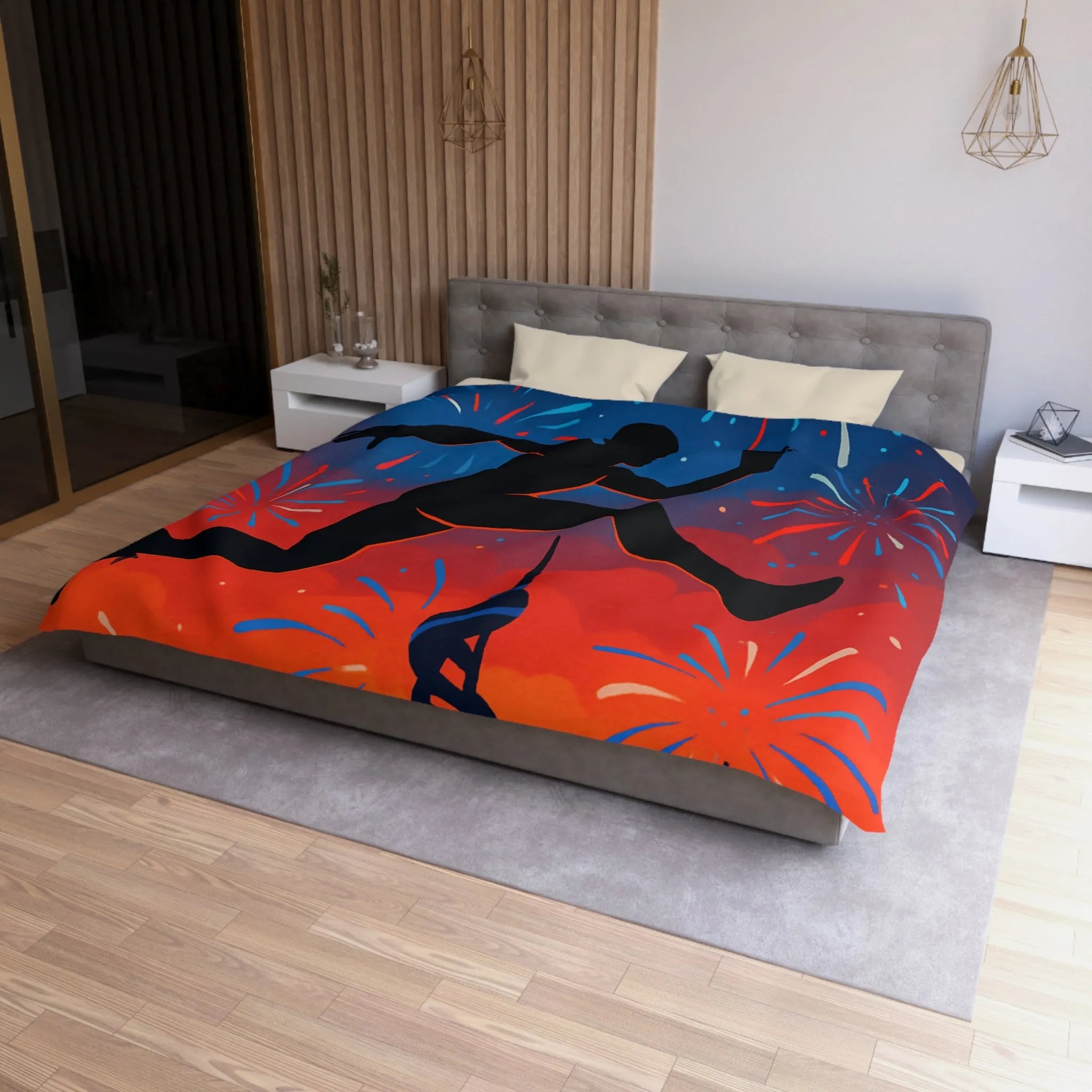 Housse de couette avec silhouette sportive et feux d'artifice, ambiance nocturne colorée