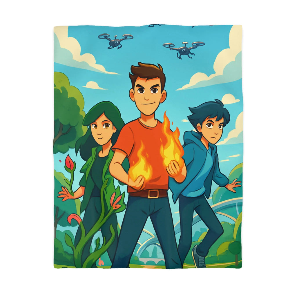 Housse de couette aventure jeune héros, nature et futur avec drones volants