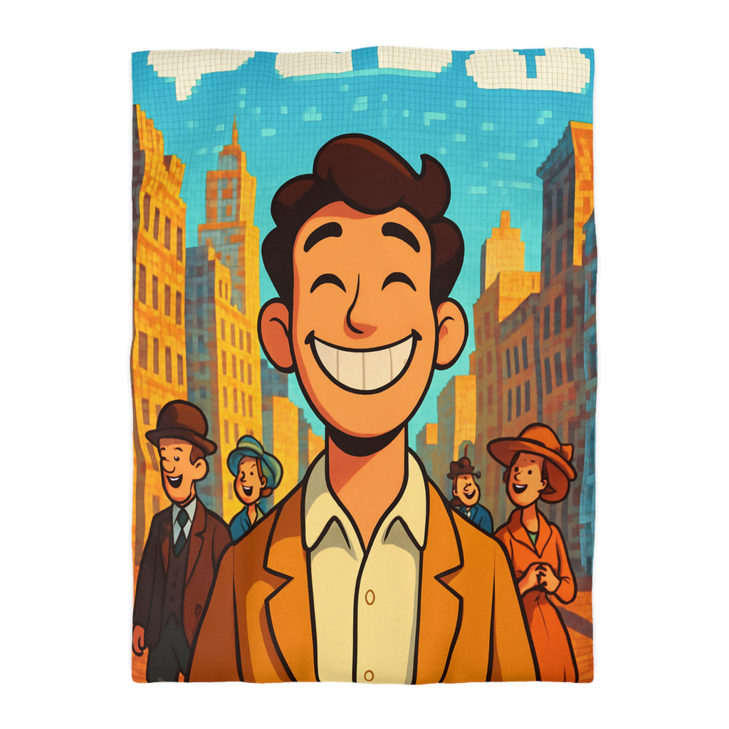 Housse de couette vintage avec personnages souriants et architecture urbaine en arrière-plan