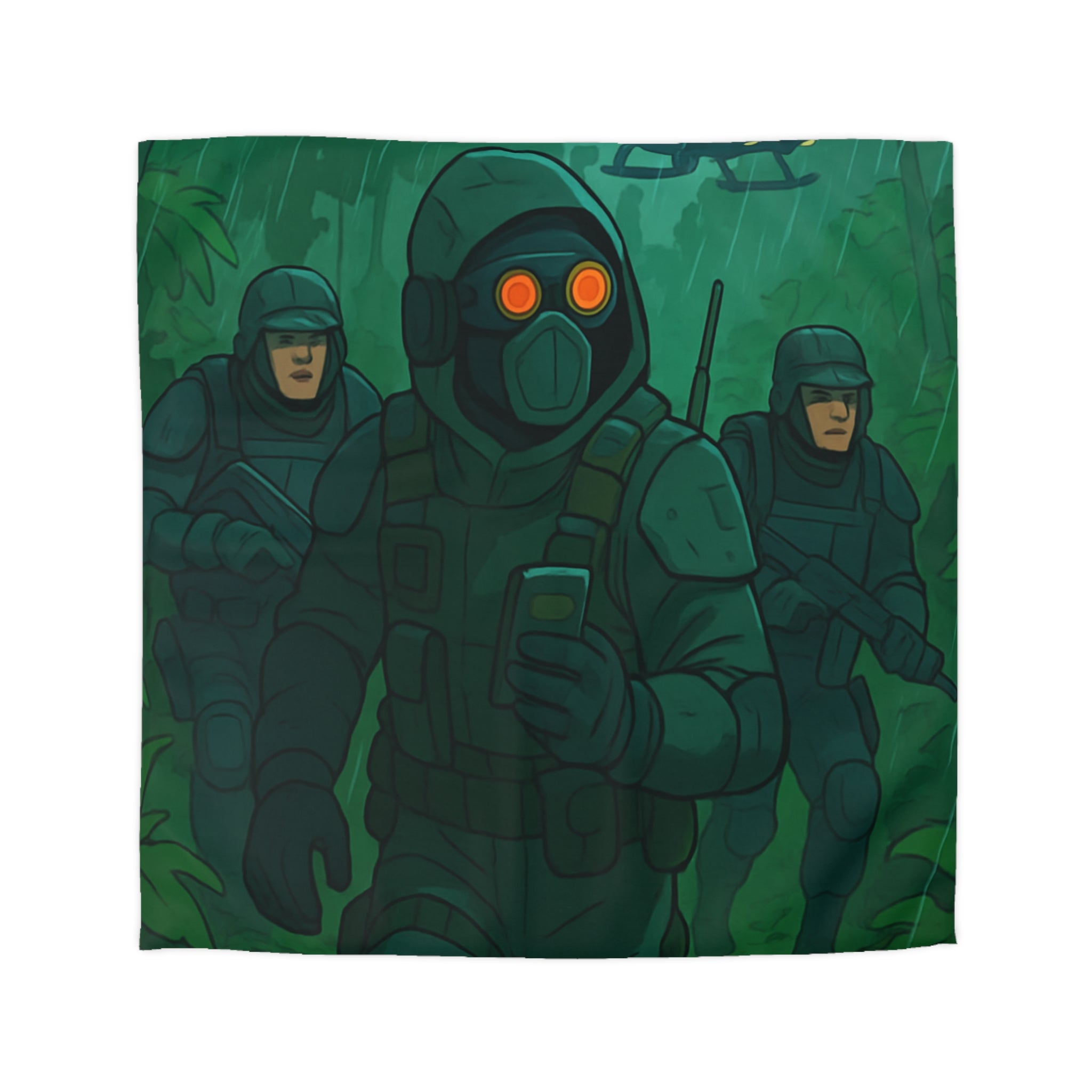 Housse de couette militaire style survie jungle avec soldats et hélicoptère en arrière-plan