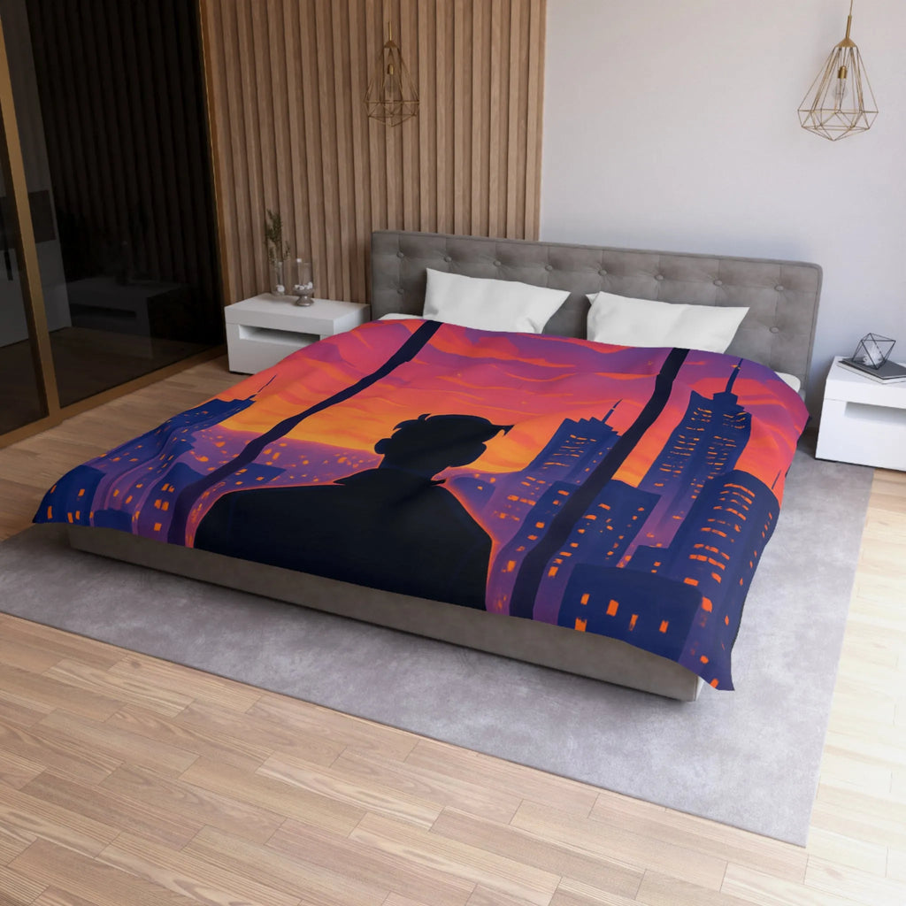 Housse de Couette Colorée avec Silhouette de Personne Devant Ville au Crépuscule