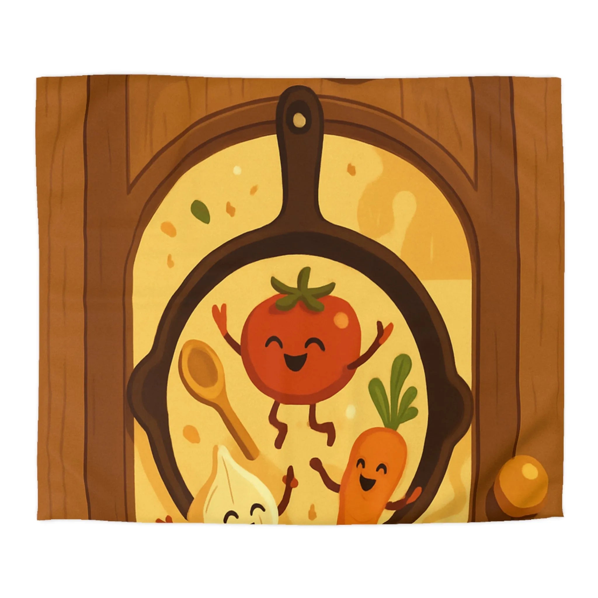 Housse de couette joyeuse avec légumes dans une poêle ambiance cuisine chaleureuse