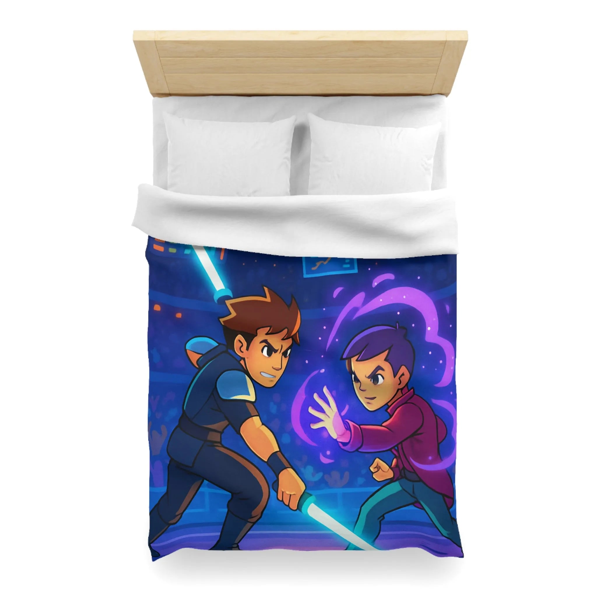 Housse de Couette Enfant Design Combat Futuriste avec Épées Laser et Pouvoirs Magiques