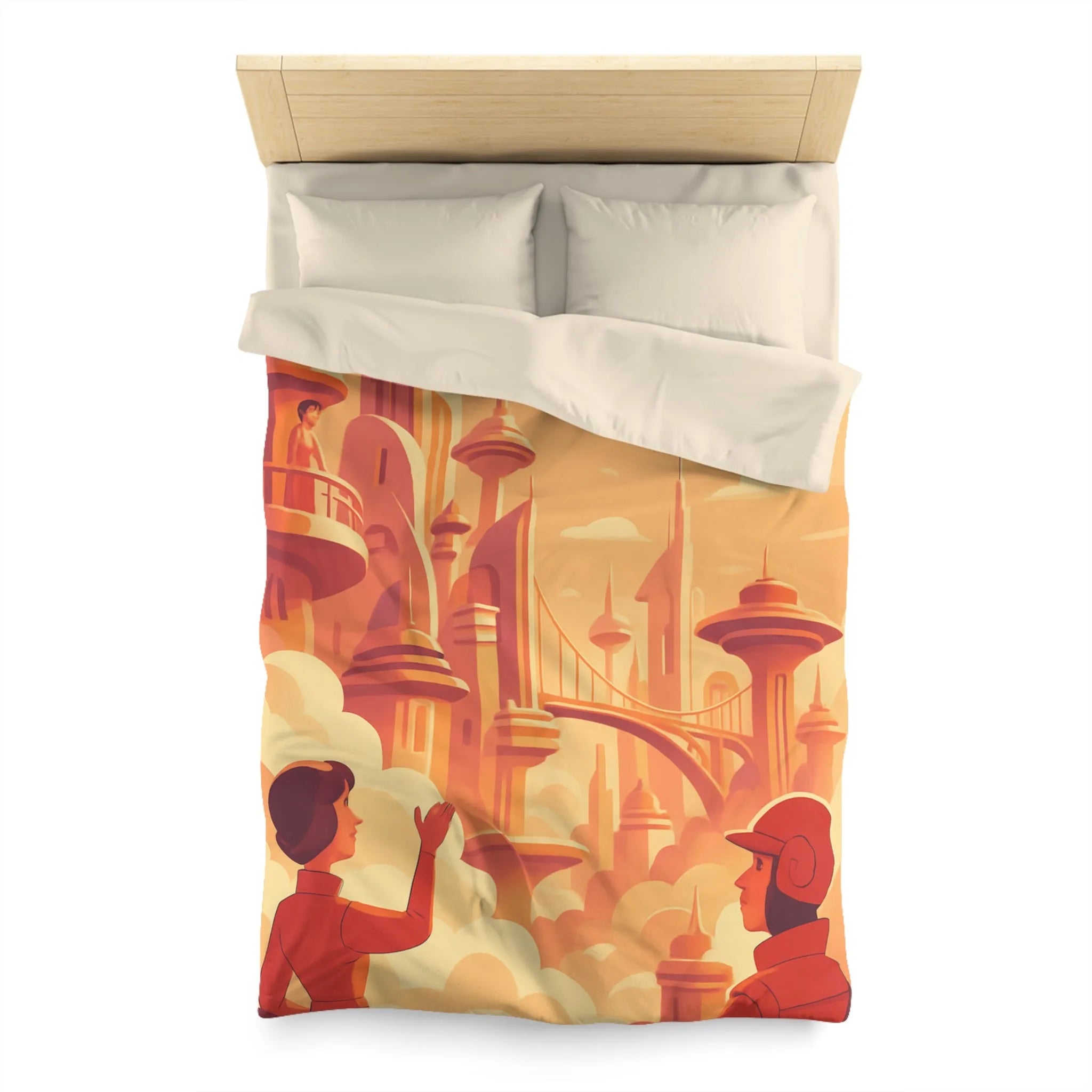Housse de Couette Art Déco Futuriste avec Avion dans Ciel Orange et Ville Flottante