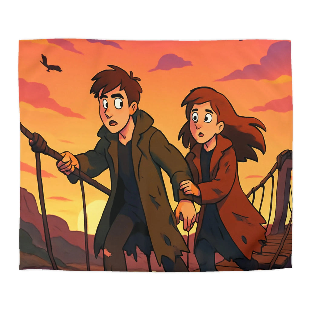 Housse de couette avec pont suspendu et ciel orange au coucher du soleil