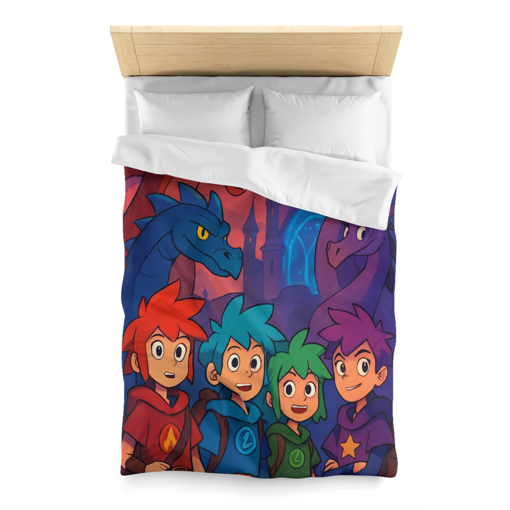 Quatre aventuriers et dragons devant château fantastique, parfait pour chambre d'enfant magique