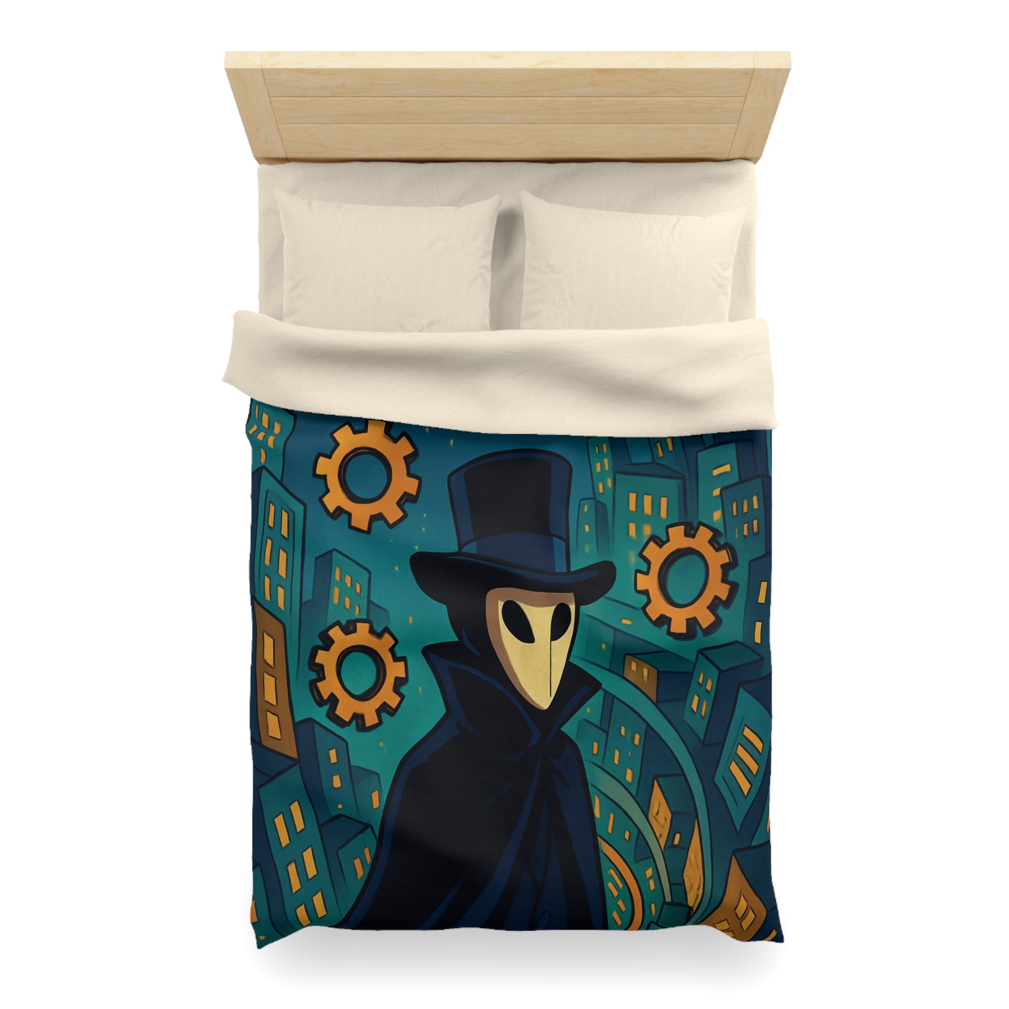 Housse de couette mystérieuse avec personnage masqué, engrenages dorés et ville nocturne