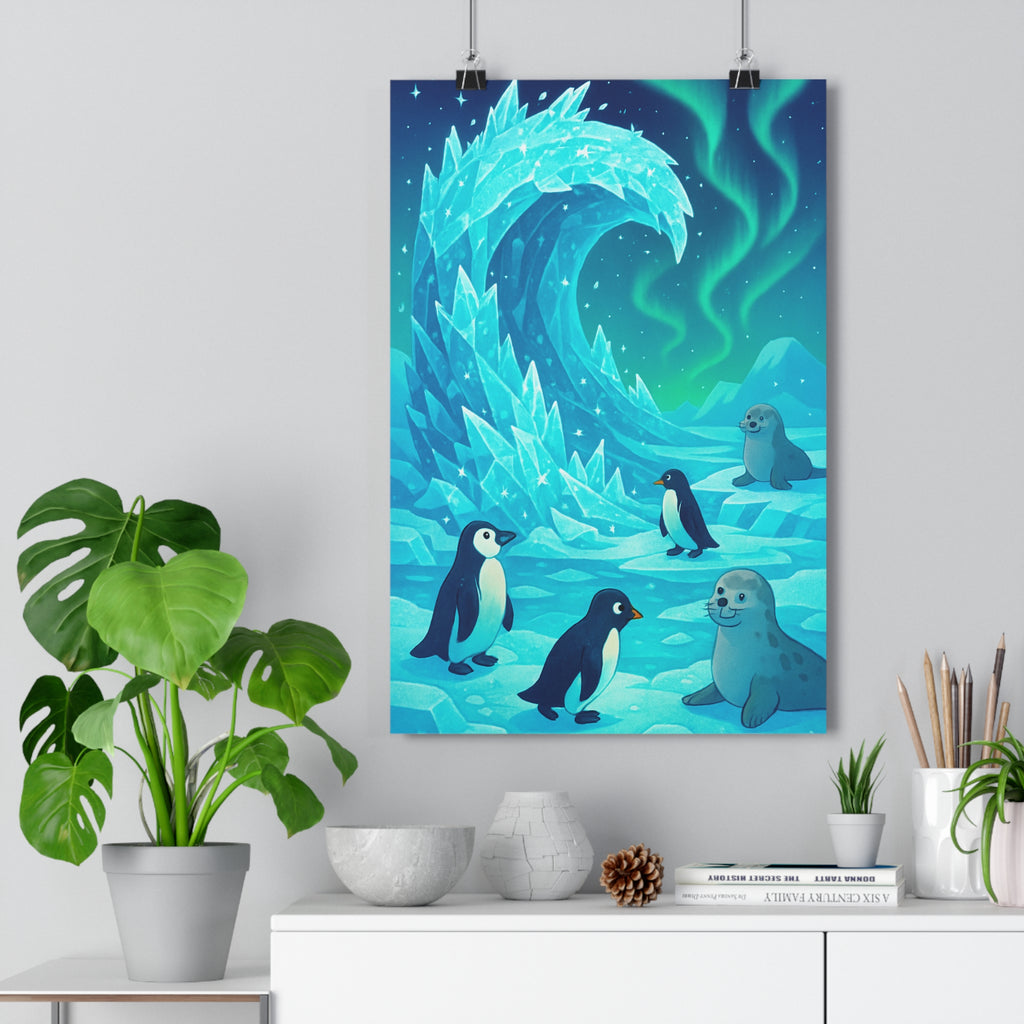 Poster décoratif scène animée bleu vert moderne polaire salon chambre ambiance animale unique qualité