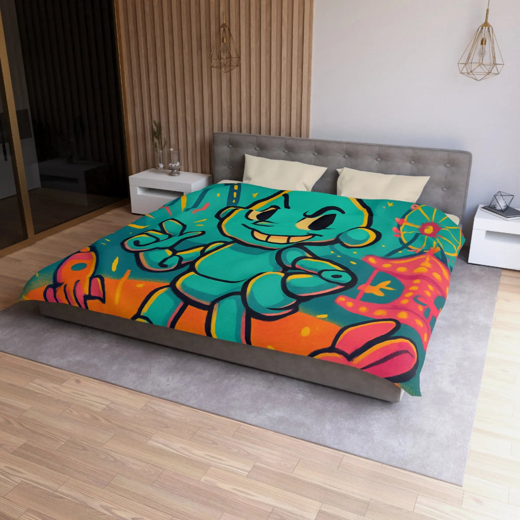 Housse de Couette Ludique avec Robot Jouet et Feux d’Artifice Multicolores pour Enfants