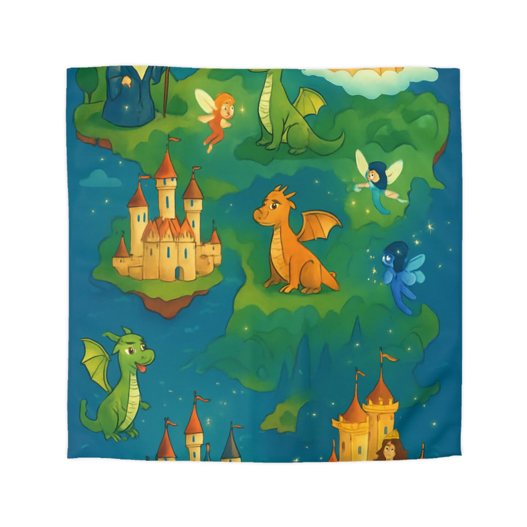 Housse de couette thématique féerique avec dragons, châteaux et un sorcier rêveur