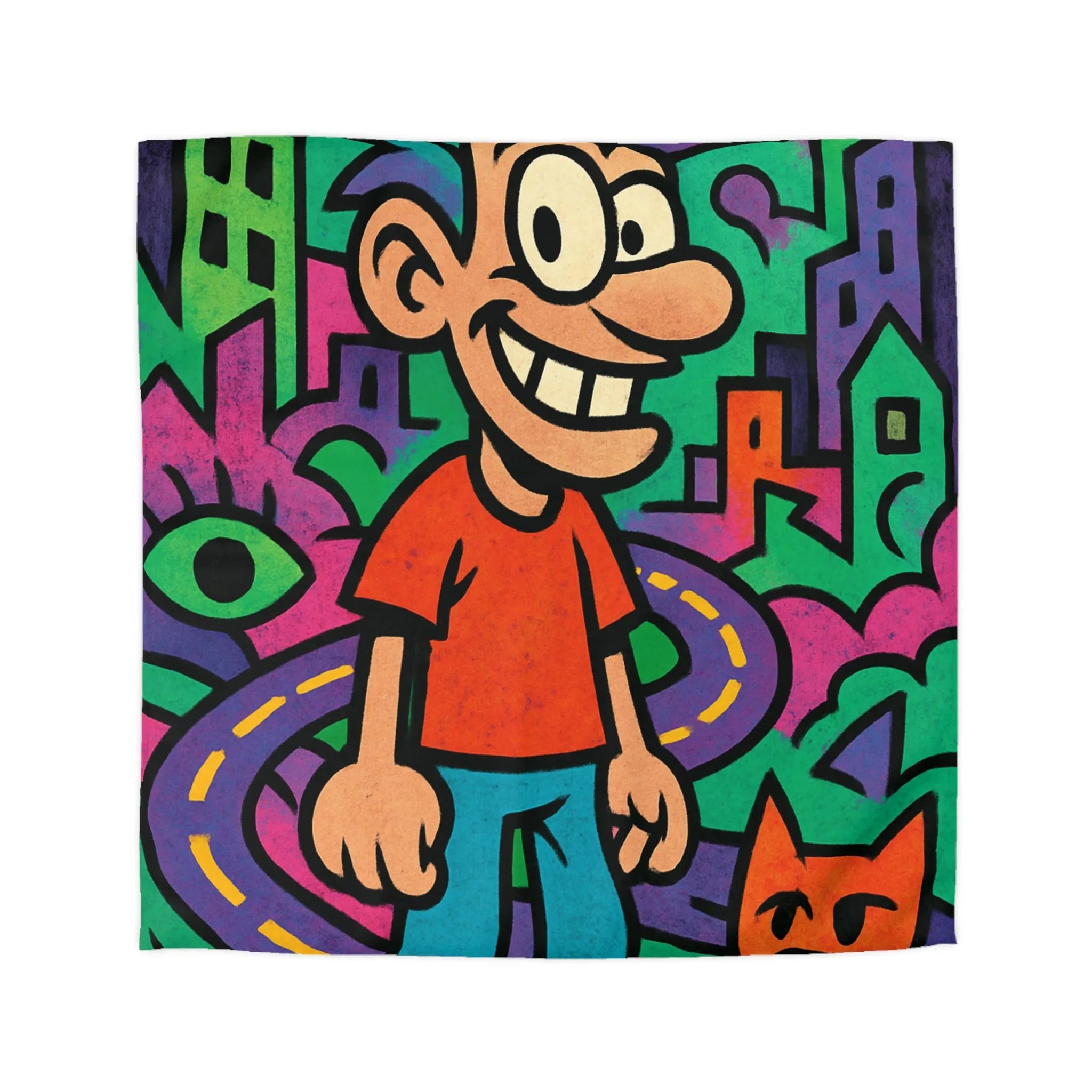 Housse de couette colorée motifs urbains et dessins animés, style pop art dynamique