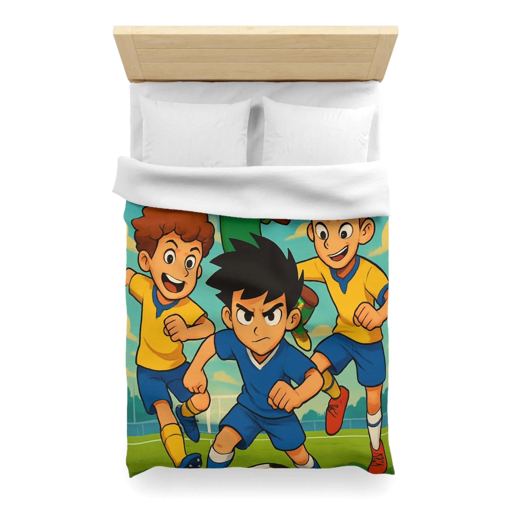 Housse de couette football enthousiaste pour enfants avec joueurs en action et ciel bleu