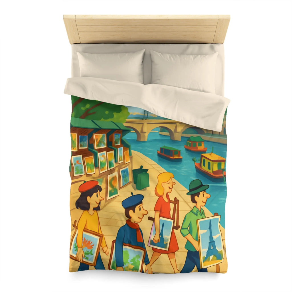 Housse de couette artistique thème parisien avec scènes de quai colorées et peintres joyeux