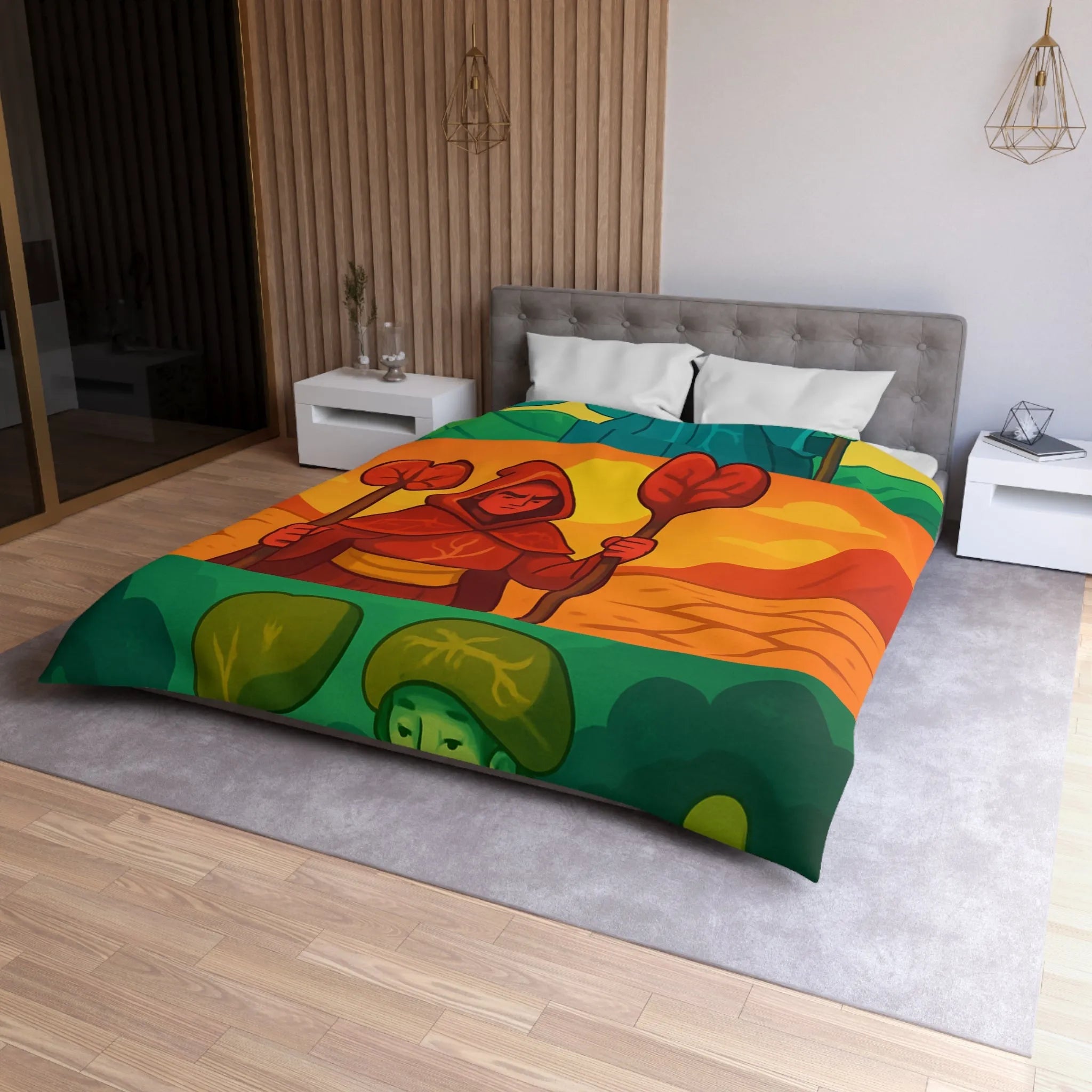 Housse de couette colorée avec trois mages, nature et paysages stylisés, ambiance apaisante