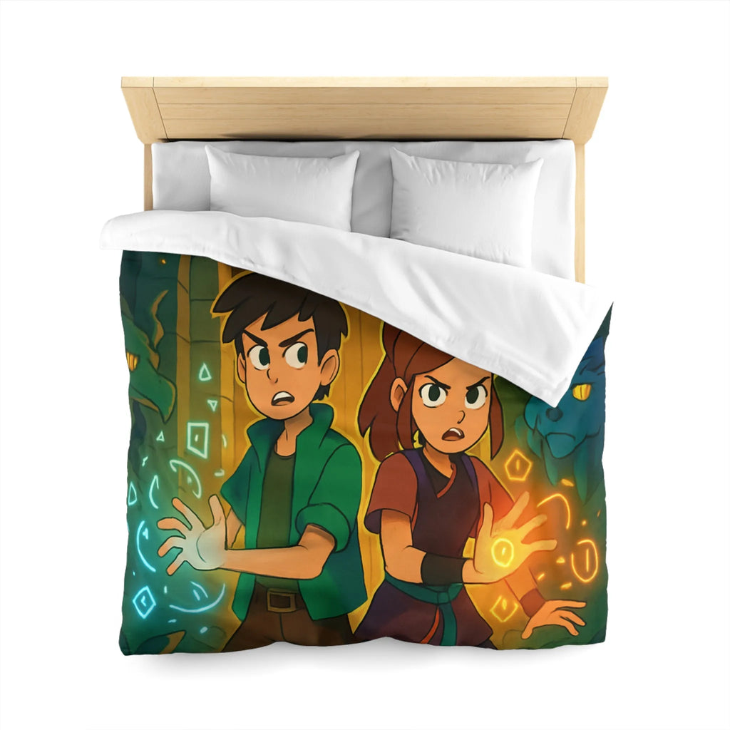 Housse de Couette Magique avec Enfants et Symboles Lumineux Devant un Portail Mystique