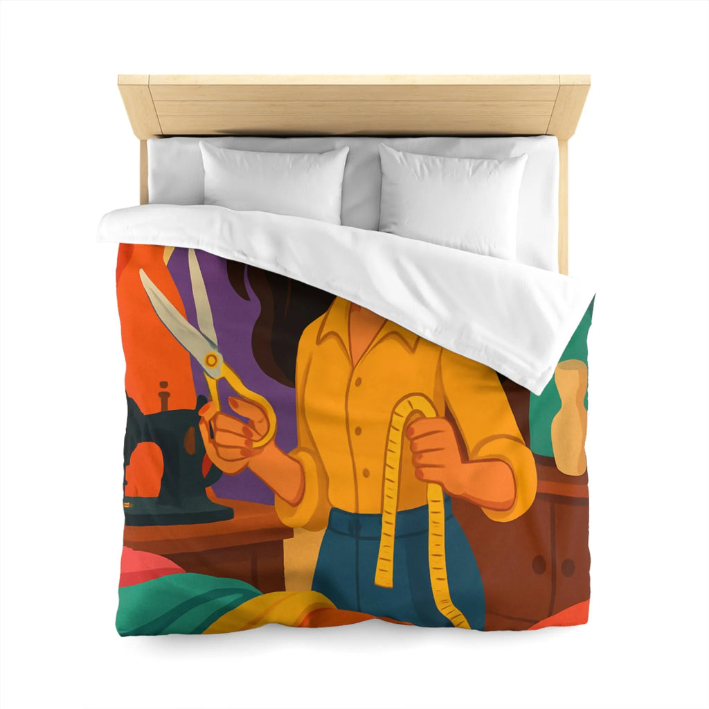 Housse de couette colorée avec motifs de couturière, outils et mannequins élégants