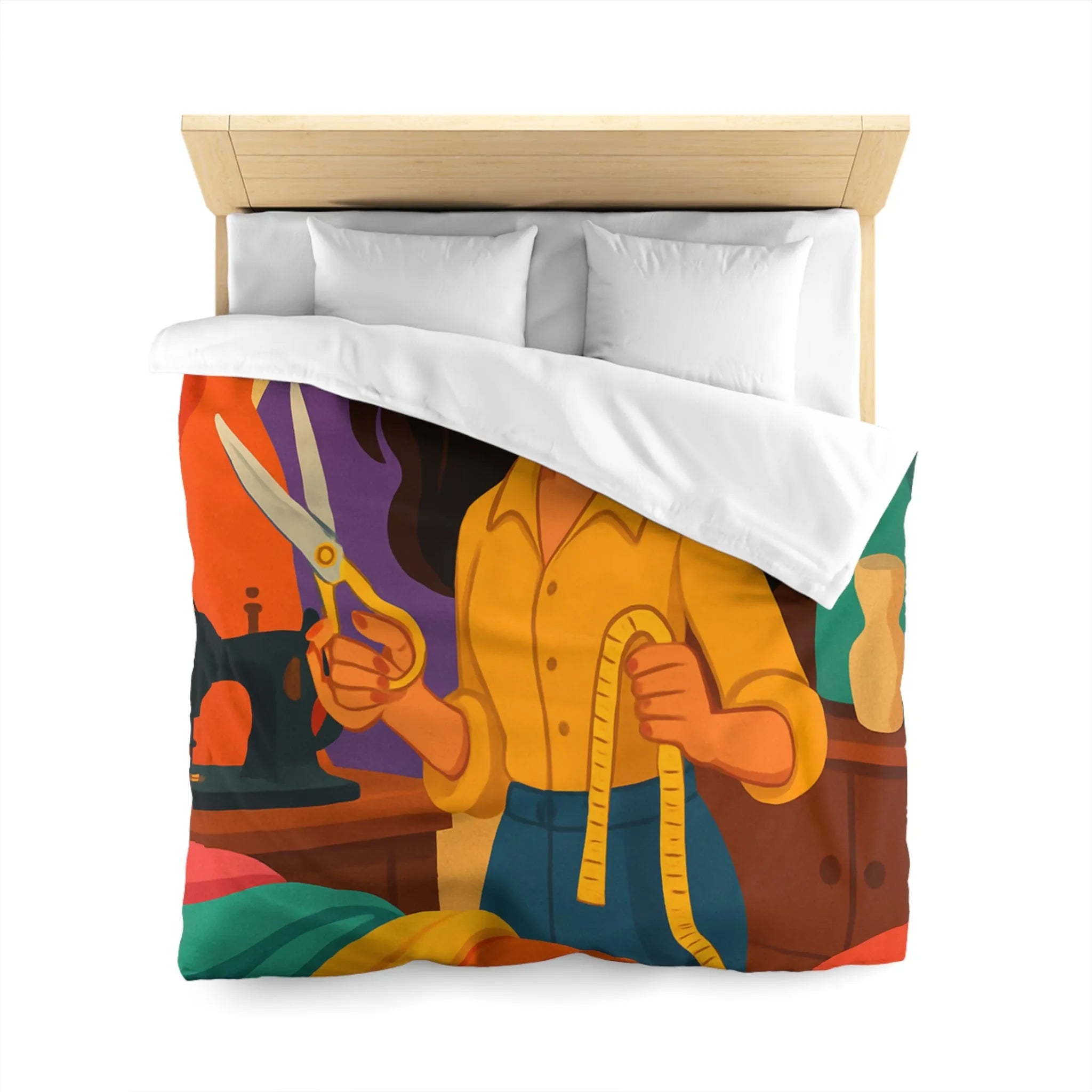 Housse de couette colorée avec motifs de couturière, outils et mannequins élégants