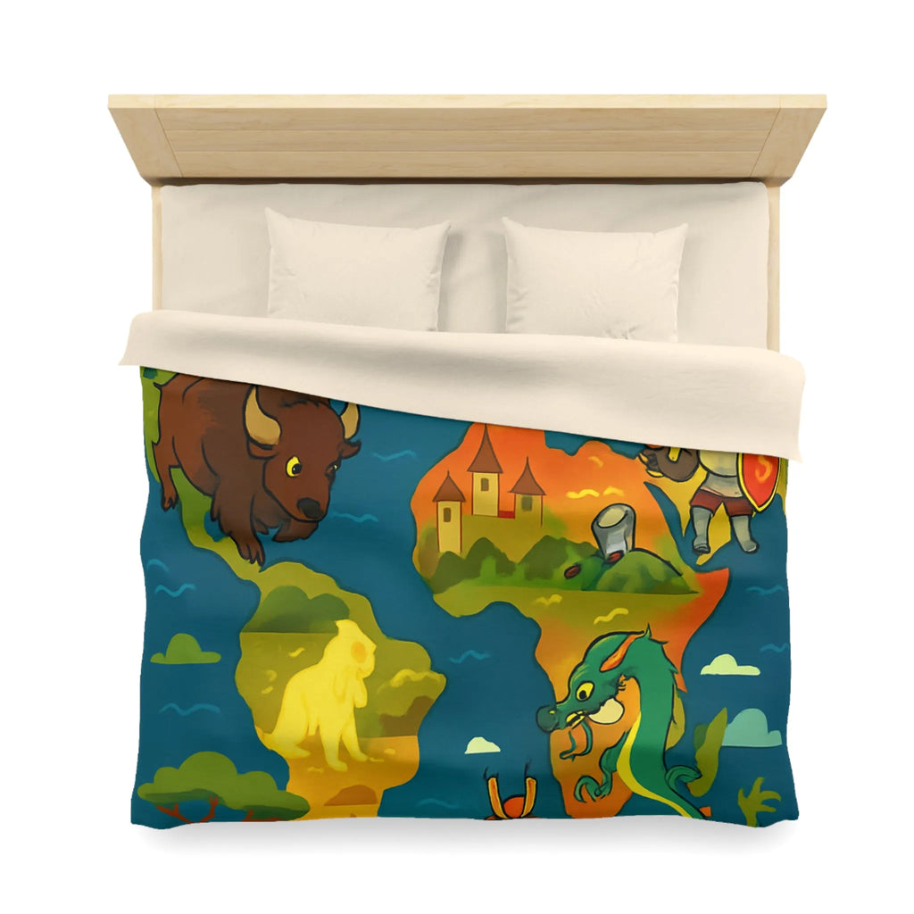 Housse de couette épique avec dragons, samouraïs et créatures légendaires au style coloré.