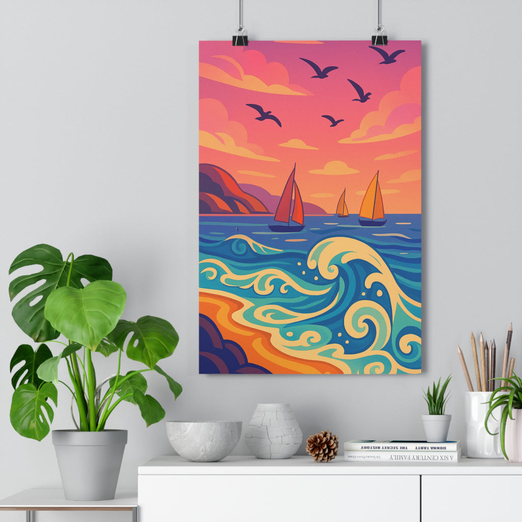 Poster décoratif maritime nautique bleu rose orange salon chambre rêveur stylisé paisible 30x46 cm