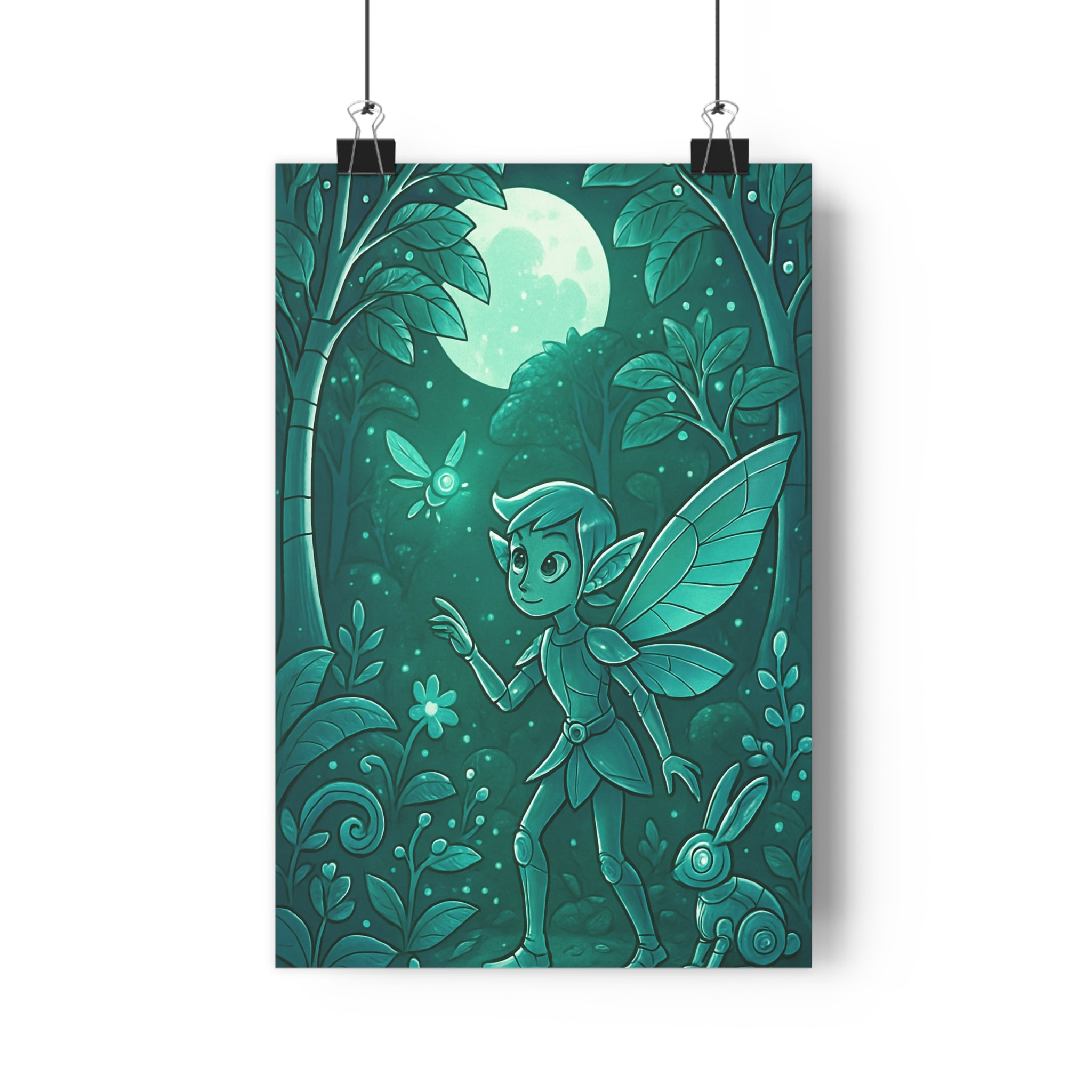 Poster décoratif métal forêt enchantée mystique féerique vert bleu chambre salon magique lumineux qualité