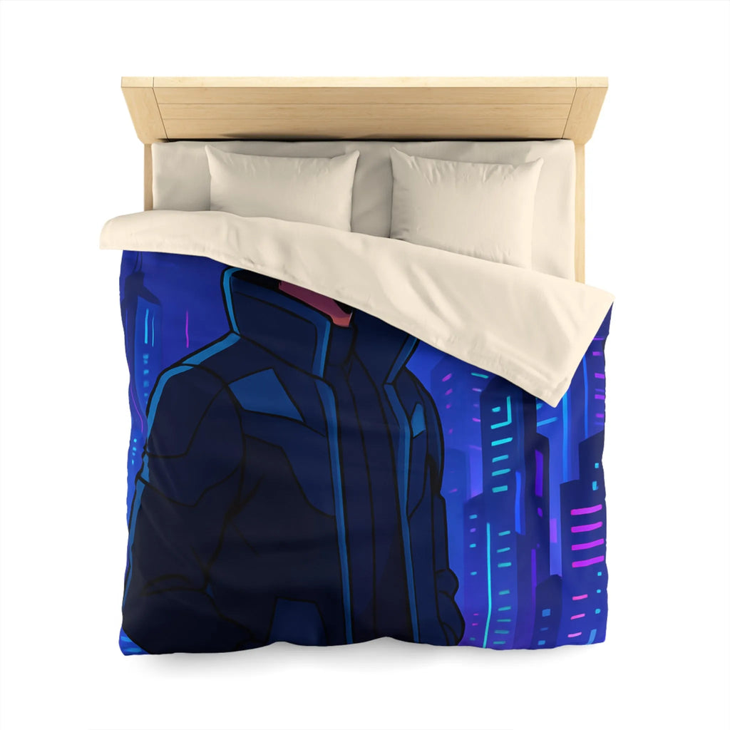 Futuriste Housse de Couette avec Ville Brillante et Homme Élégant en Lunettes