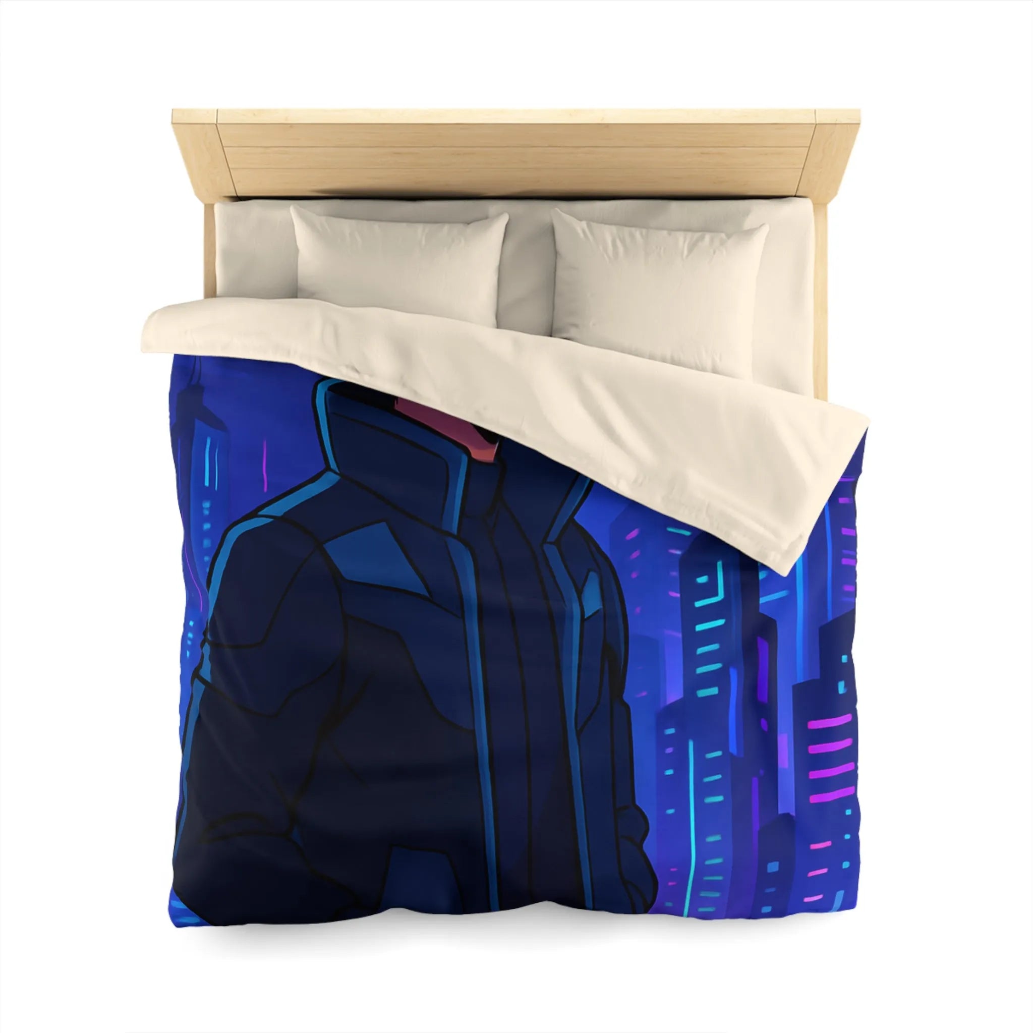 Futuriste Housse de Couette avec Ville Brillante et Homme Élégant en Lunettes