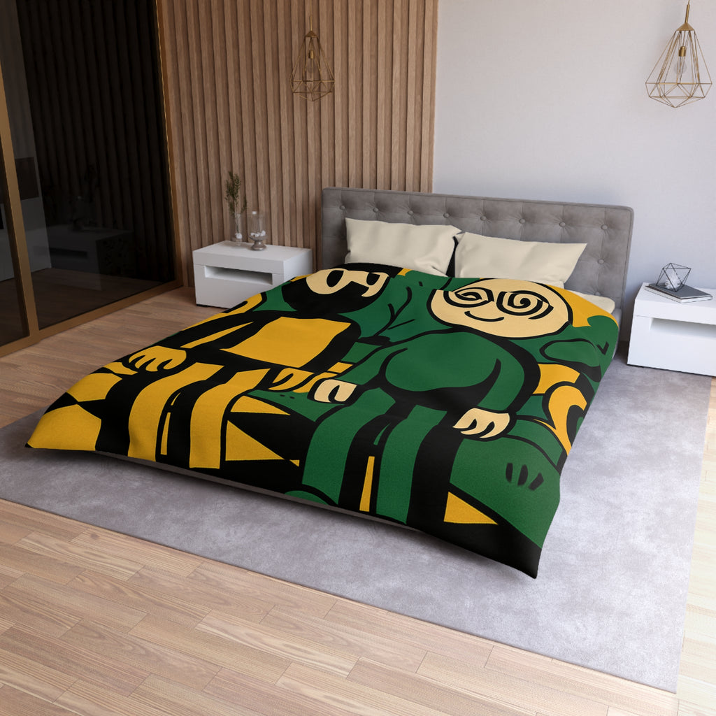 Housse de couette style pop-art cartoon avec personnages et paysage graphique original