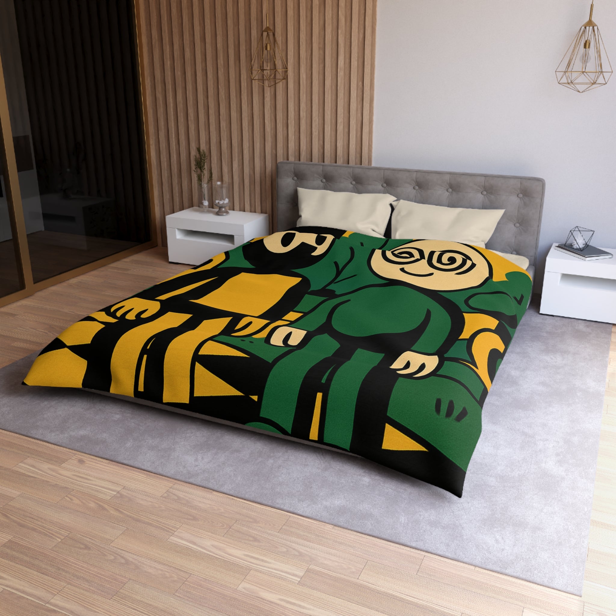 Housse de couette style pop-art cartoon avec personnages et paysage graphique original