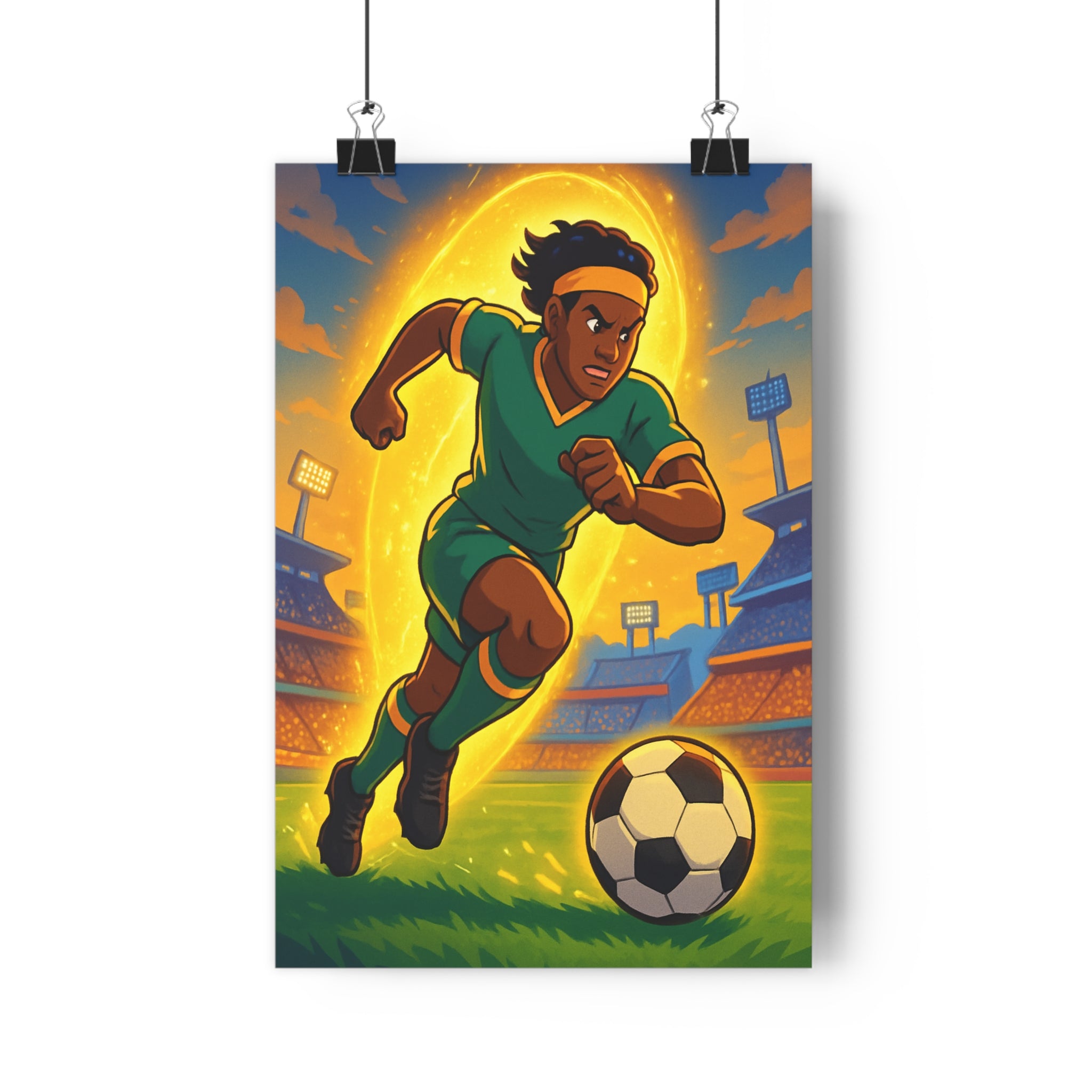 Poster décoratif football animé vert jaune dynamique sportif chambre enfant vibrant motivation action énergie