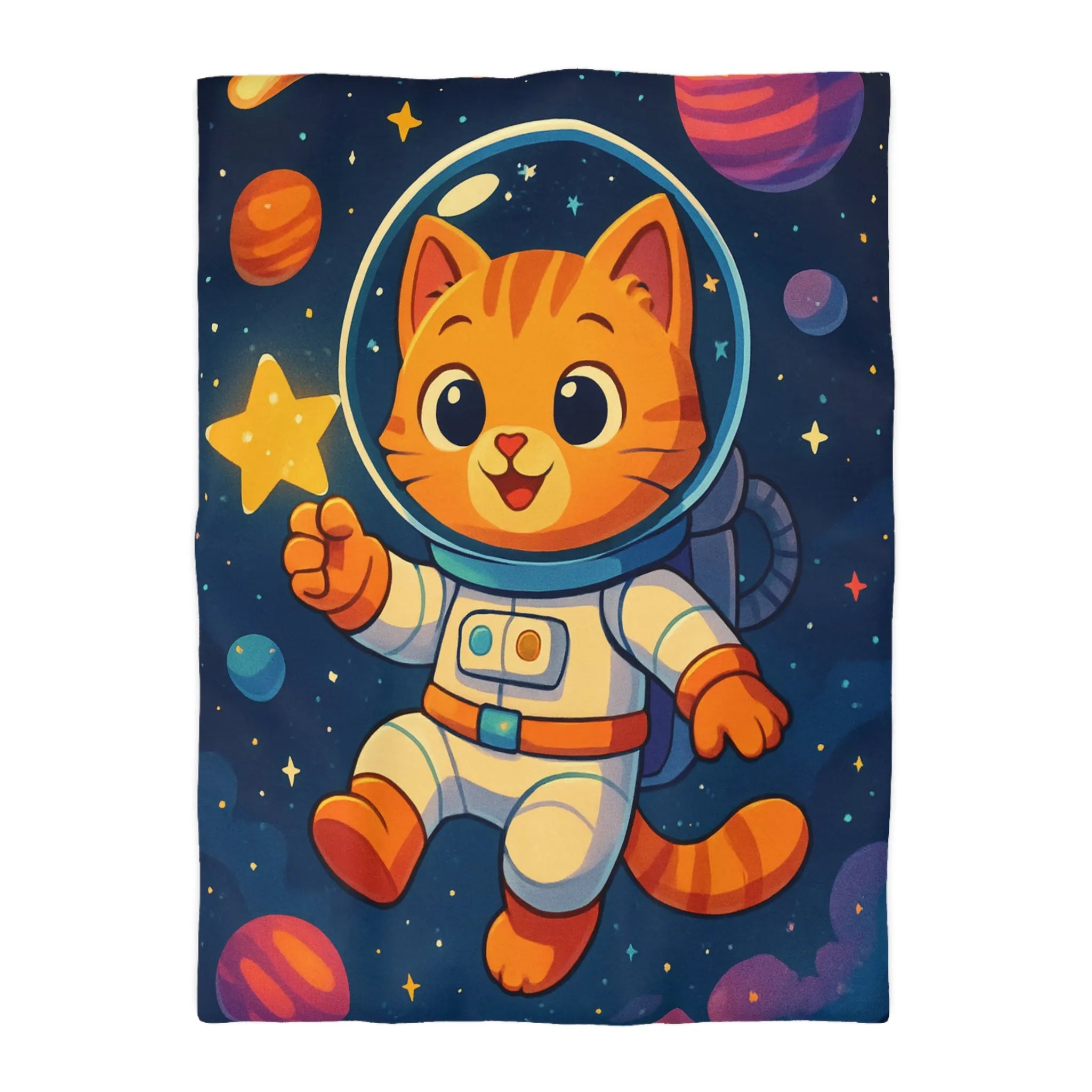 Housse de Couette avec Chat Astronaute et Étoiles dans Espace Coloré pour Enfants
