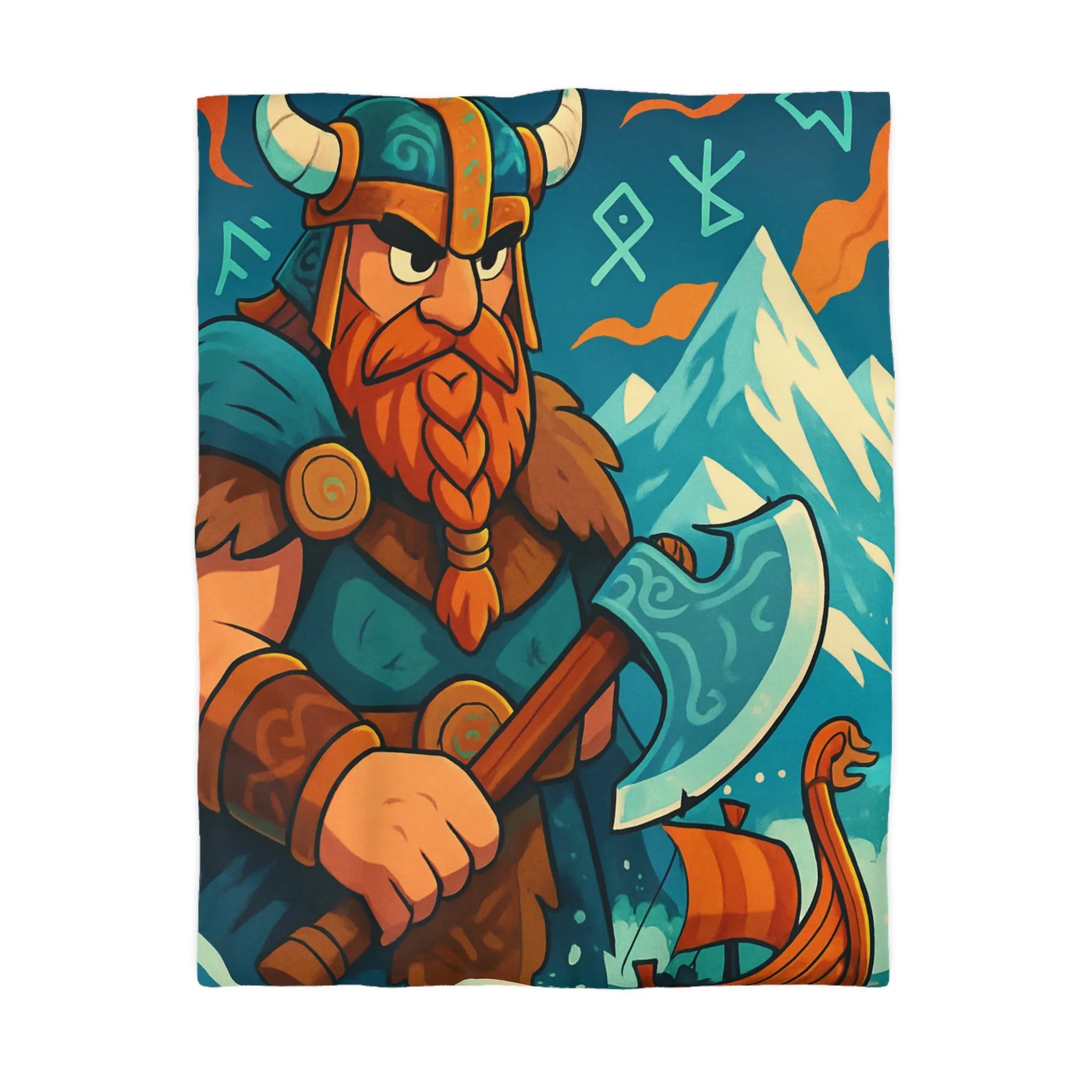 Housse de couette avec Viking, hache nordique, montagnes enneigées et runes anciennes