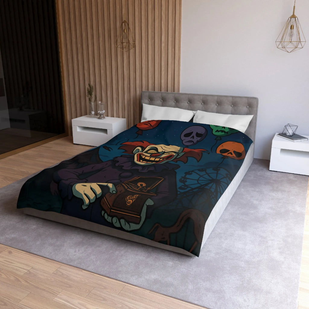 Housse de couette effrayante de clown sinistre avec ballons et fête foraine sombre